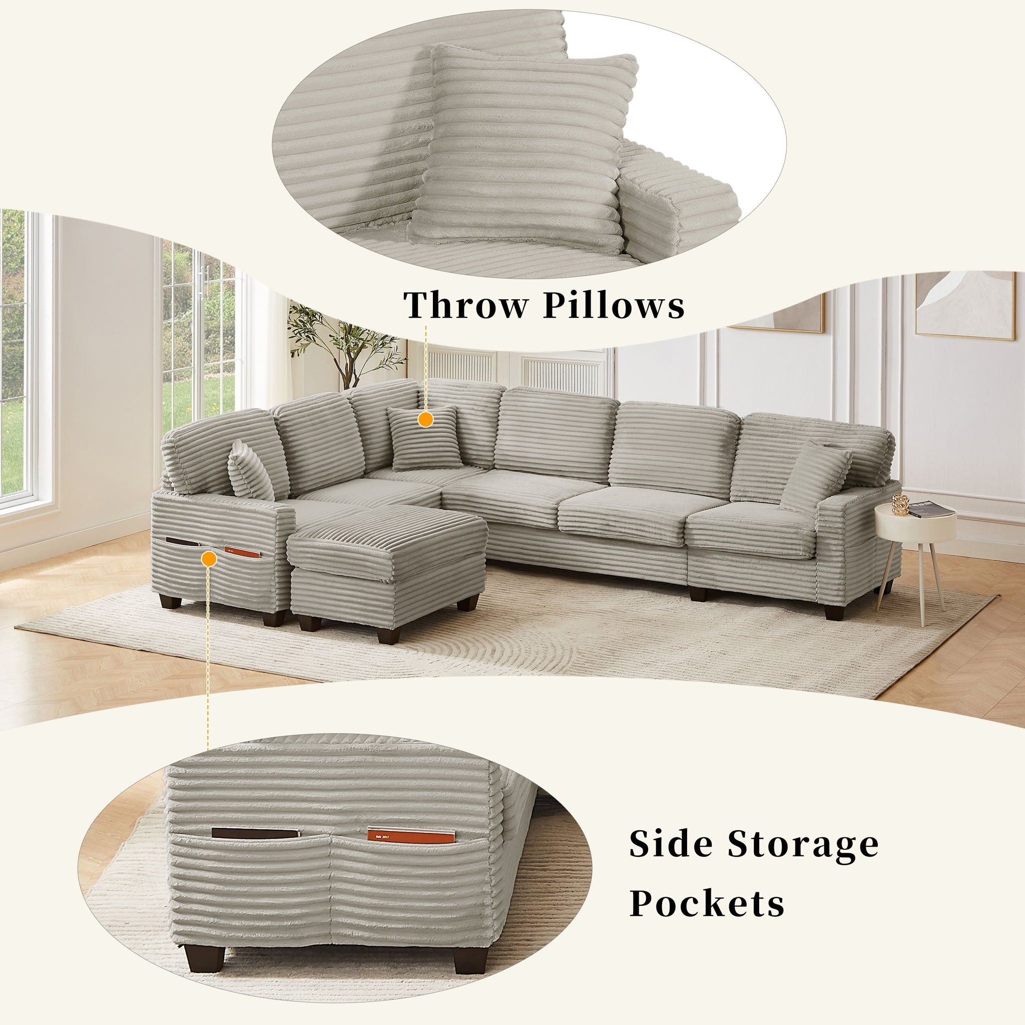 Upholstered U-Shaped Sectional Sofa With Movable Ottoman And Side Storage Pockets