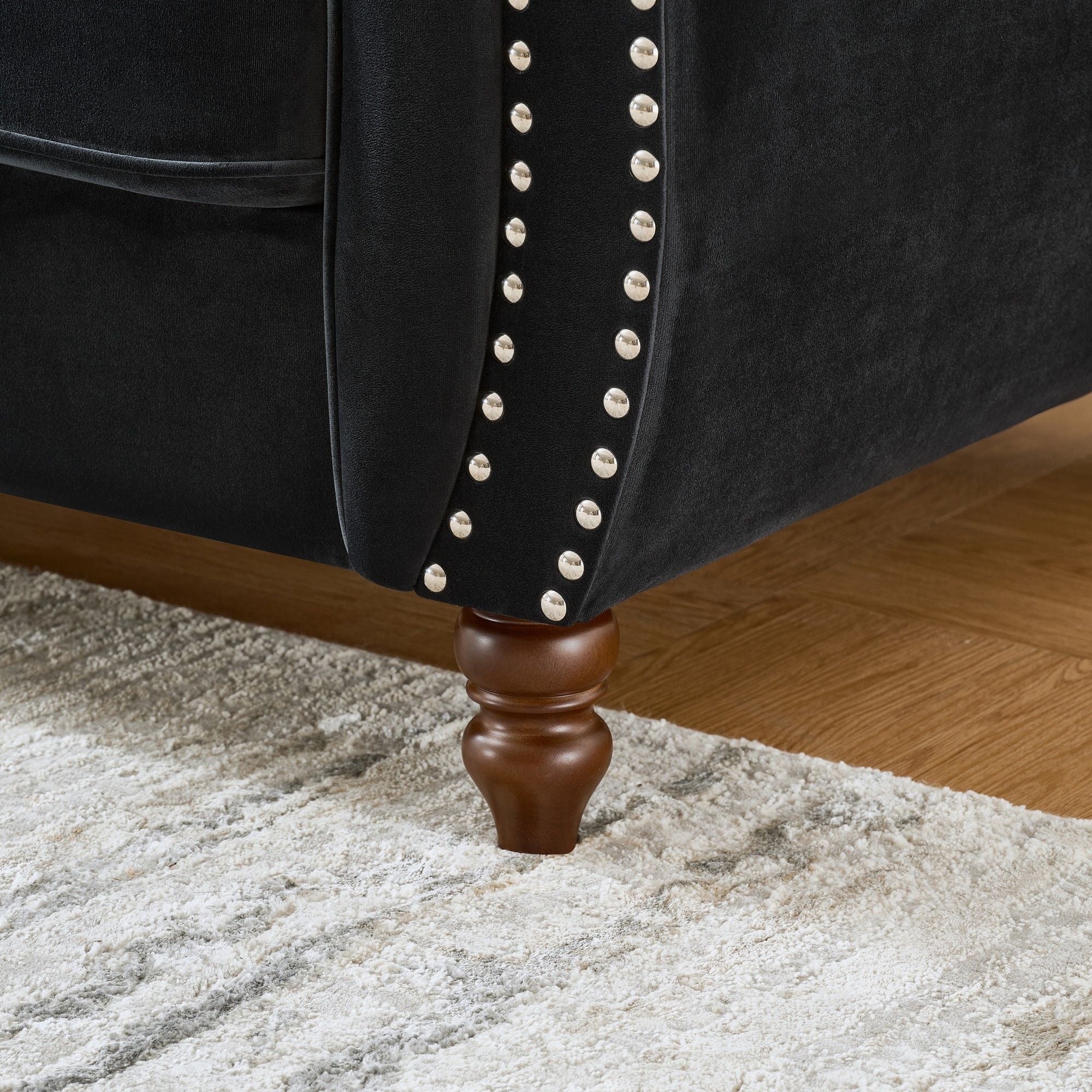 Chesterfield Upholstery Fabric Sofa With Roll Armrest & Nailhead, Mid Century Modern 3 And 3 Seater Couch