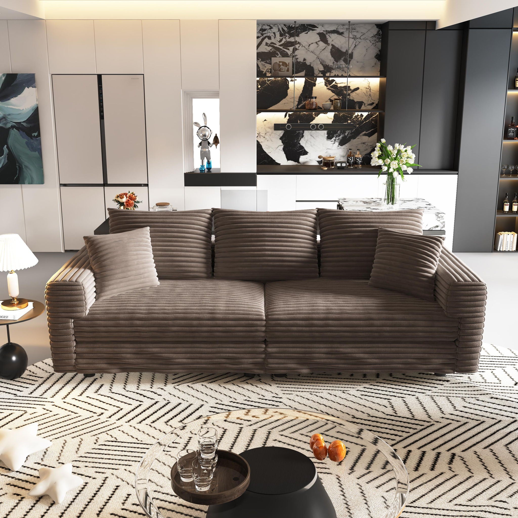 Deep Seat Convertible Sofa With Soft Pillows And Ottomans