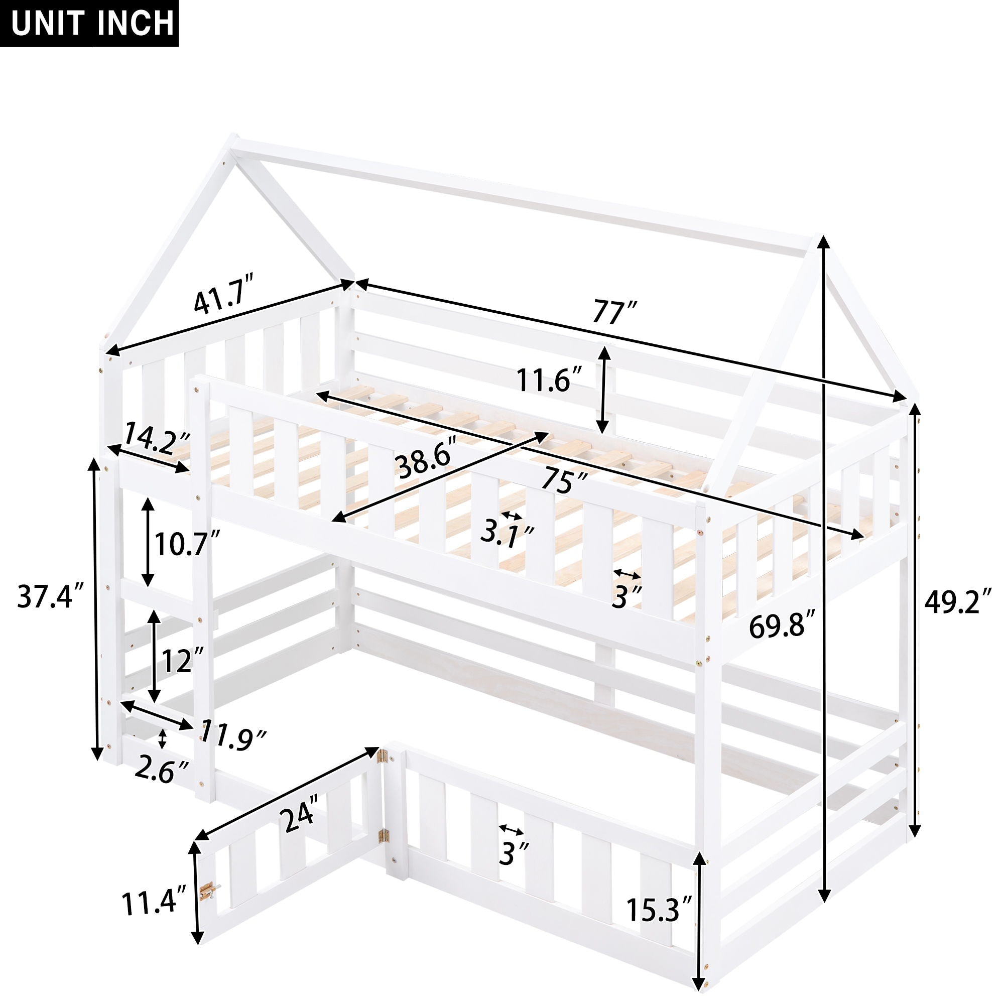Twin Over Twin House Bunk Bed With Fence And Door