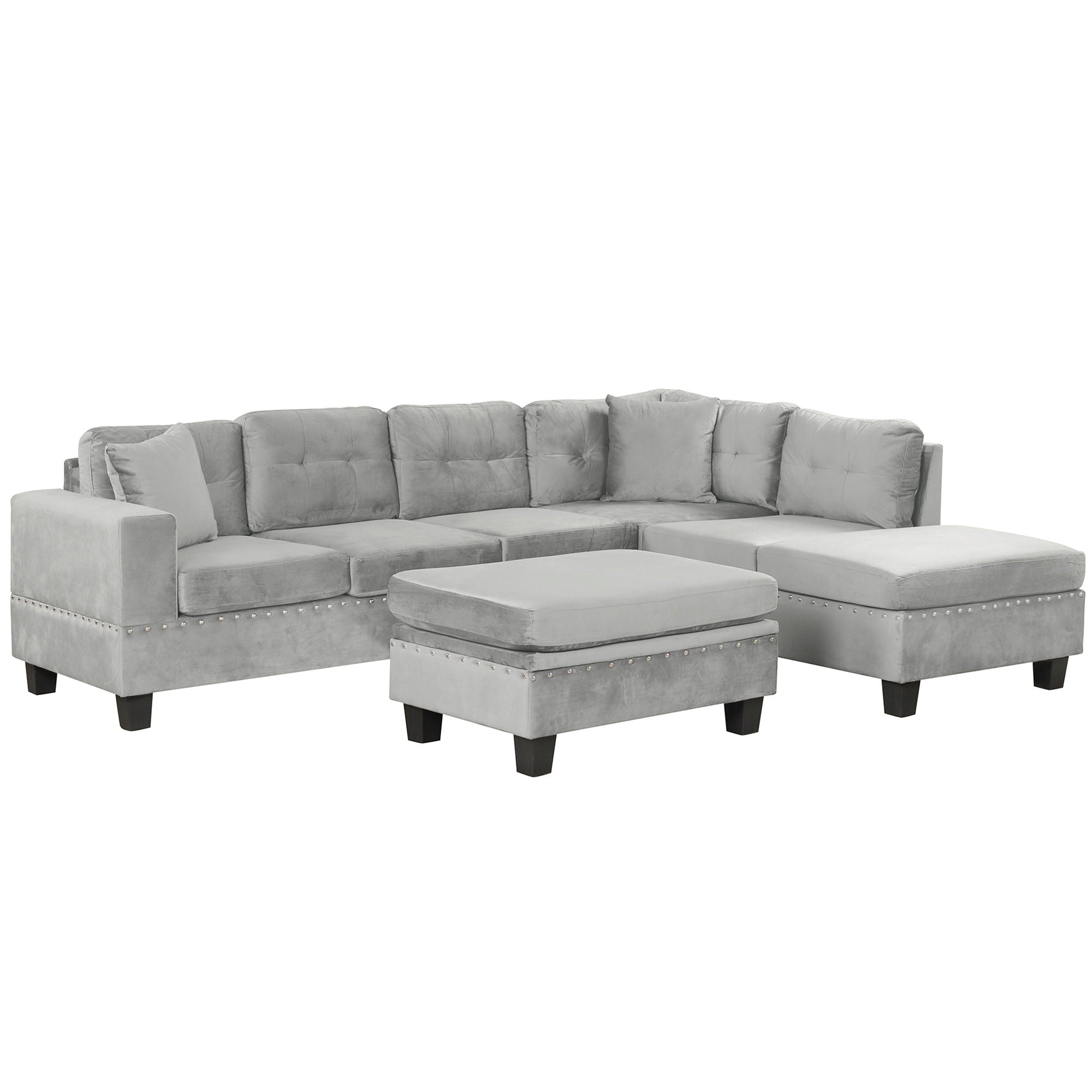 Modern Sectional Sofa With Storage Ottoman, L - Shape Couch With 2 Pillows And Cup Holders