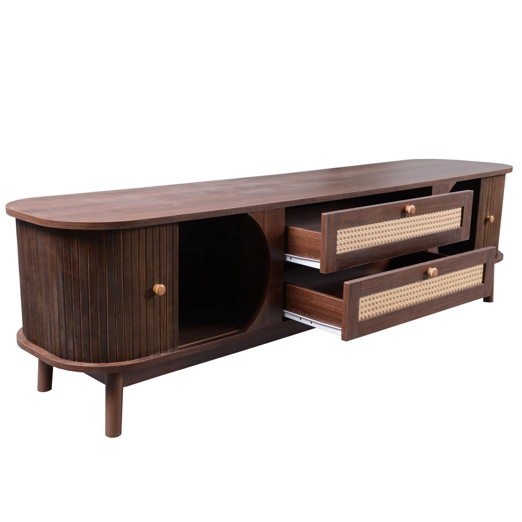 TV Stand For TVs Up To 75'', Cabinet With Drawers And Sliding Doors, Living Room Entertainment Console - Natural Wood / Brown