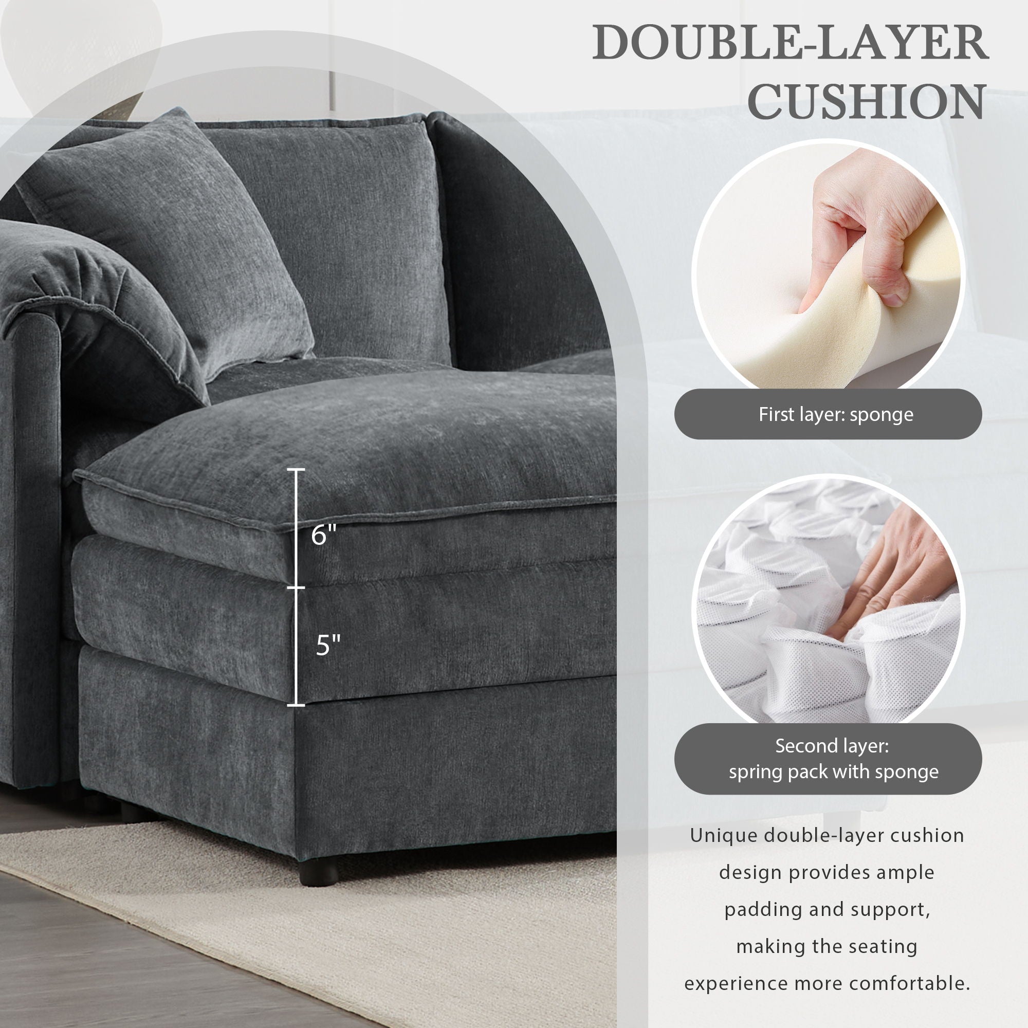 Modular Sectional With Deep And Wide Seat, Cloud Couch Set With Double Cushions Sofa With Movable Ottoman