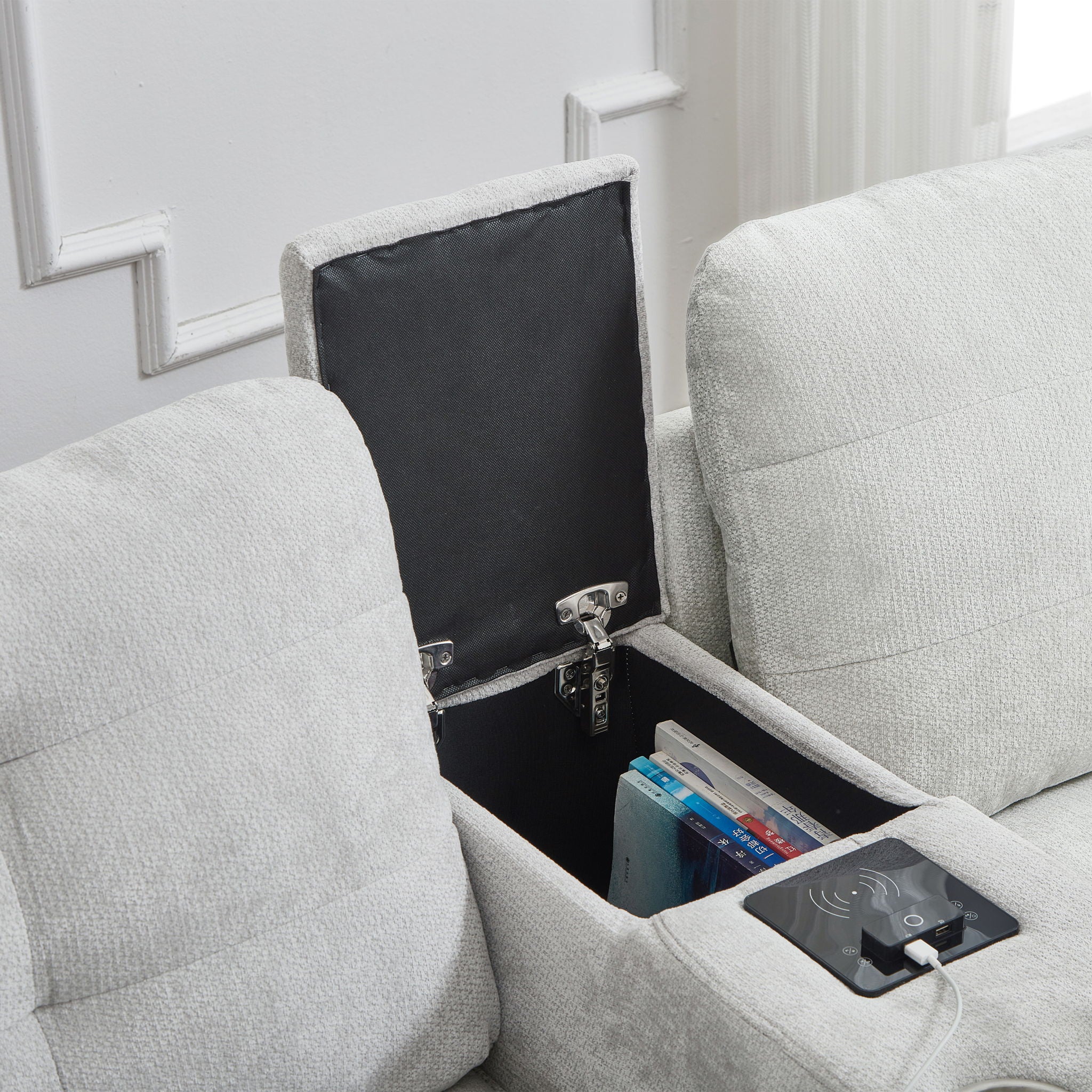 Modern Sectional Sofa U-Shaped With Movable Ottomans, tooth Speakers, LED Lights And Modular Storage