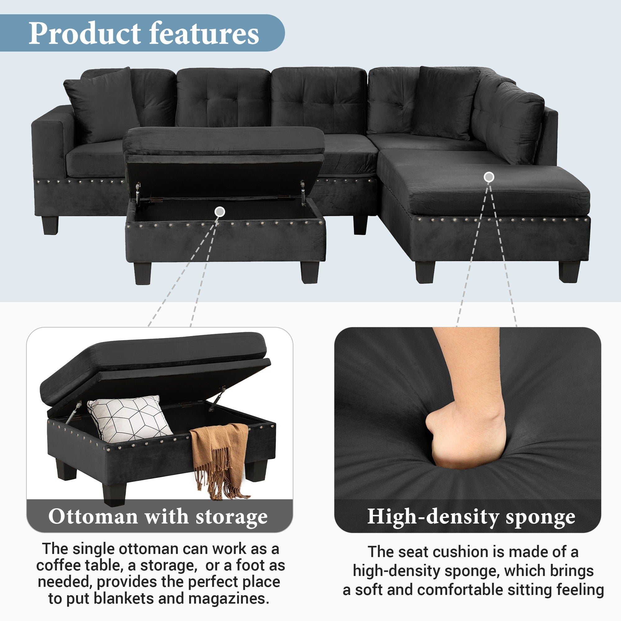 Modern Sectional Sofa With Storage Ottoman, L - Shape Couch With 2 Pillows And Cup Holders