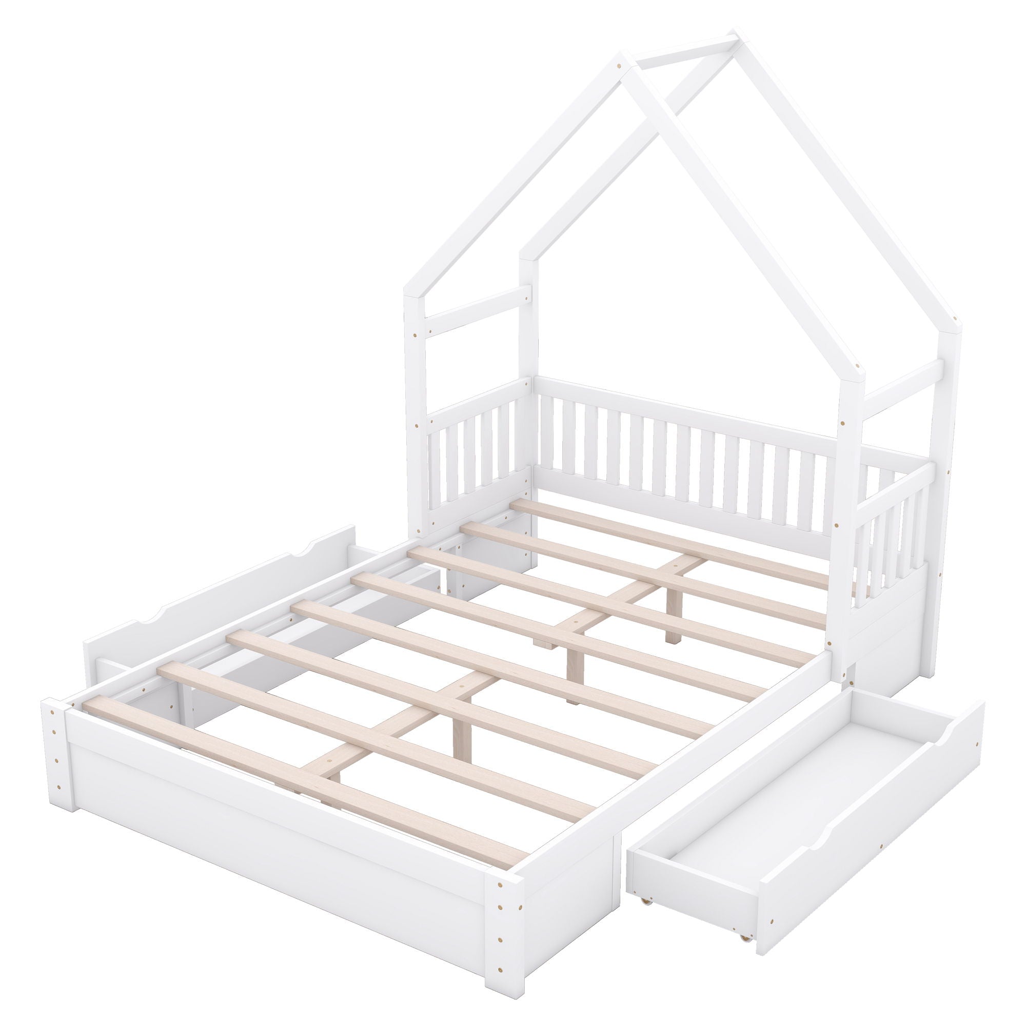 House Style Platform Bed With Guardrail And 2 Drawers