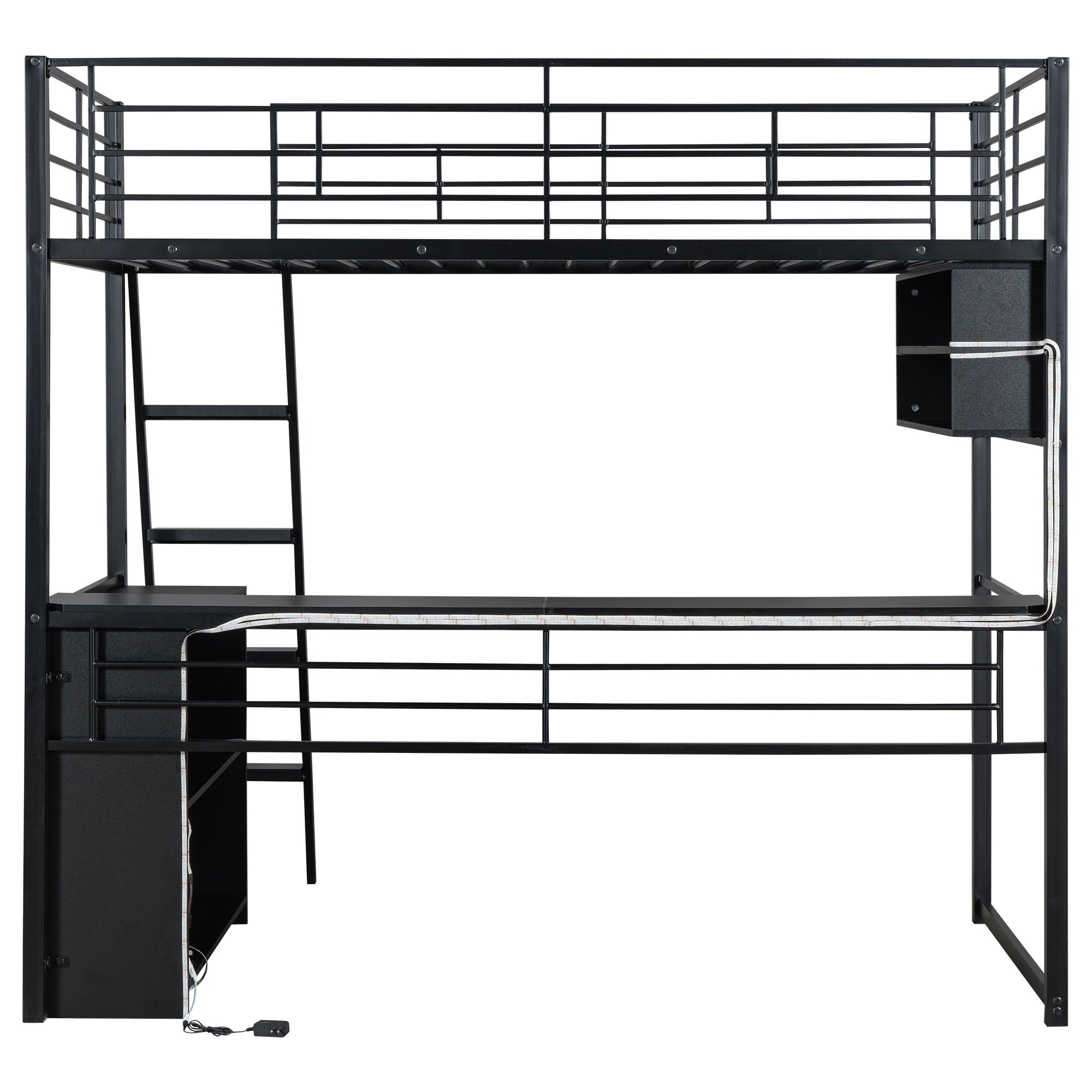 Loft Bed With LED Desk And 4 Storage Shelves