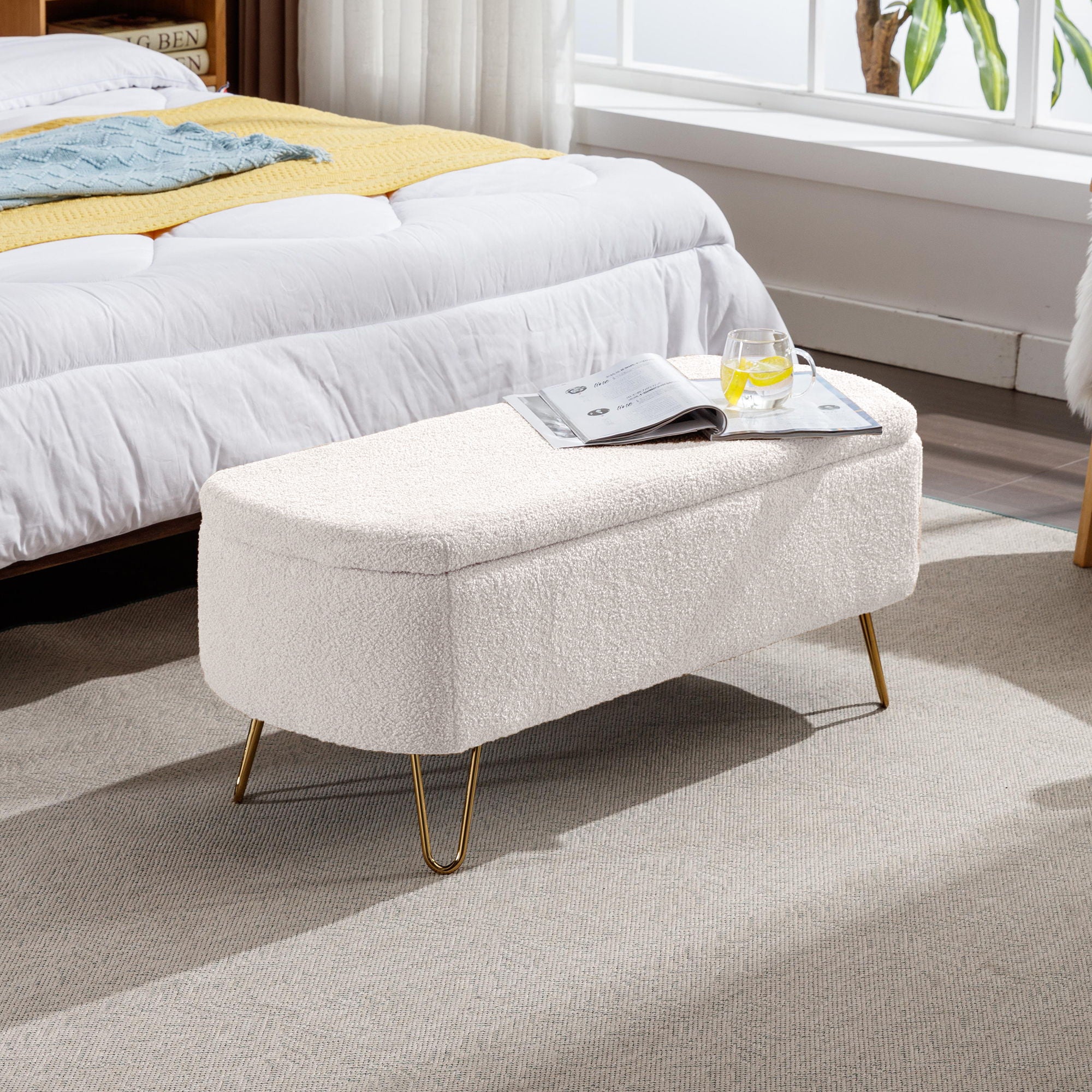 Storage Ottoman Bench For End Of Bed Legs, Modern Camel Faux Fur Entryway Bench Upholstered Padded With Storage For Living Room Bedroom