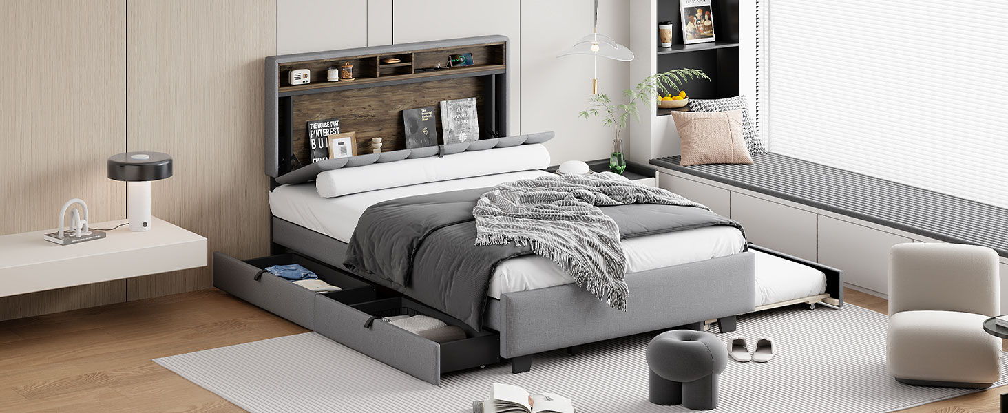 Upholstered Platform Bed With Storage Headboard, Trundle & 2 Drawers And A Set Of Sockets & USB Ports