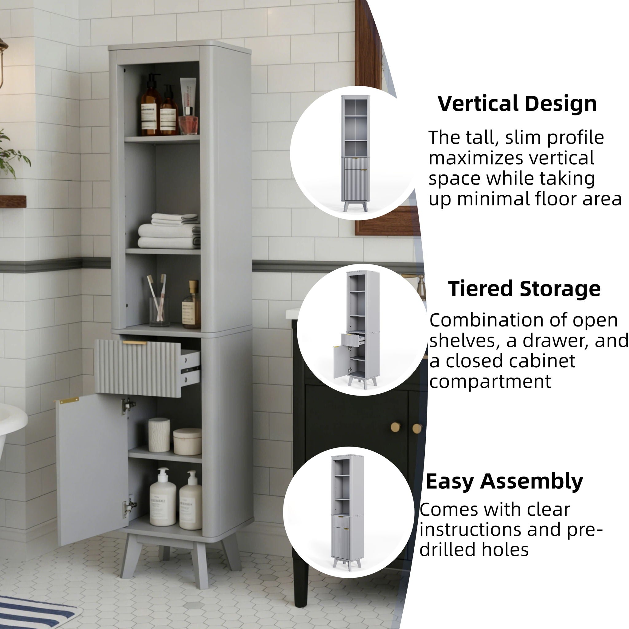 Tall Bathroom Storage Cabinet With Adjustable Shelves And 1 Drawer & Door
