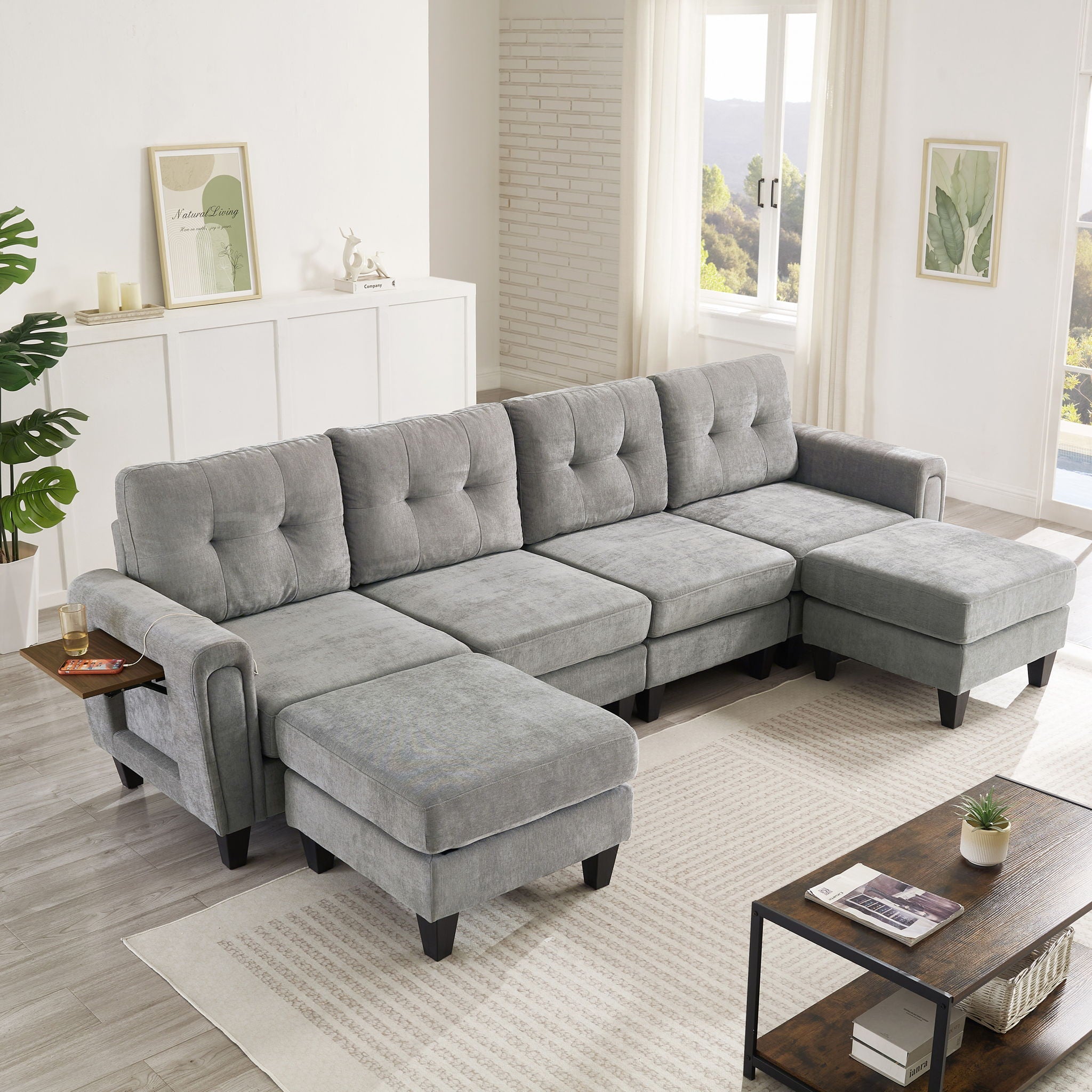 Modular Sectional Sofa With Movable Ottomans, USB Ports & Side Tables