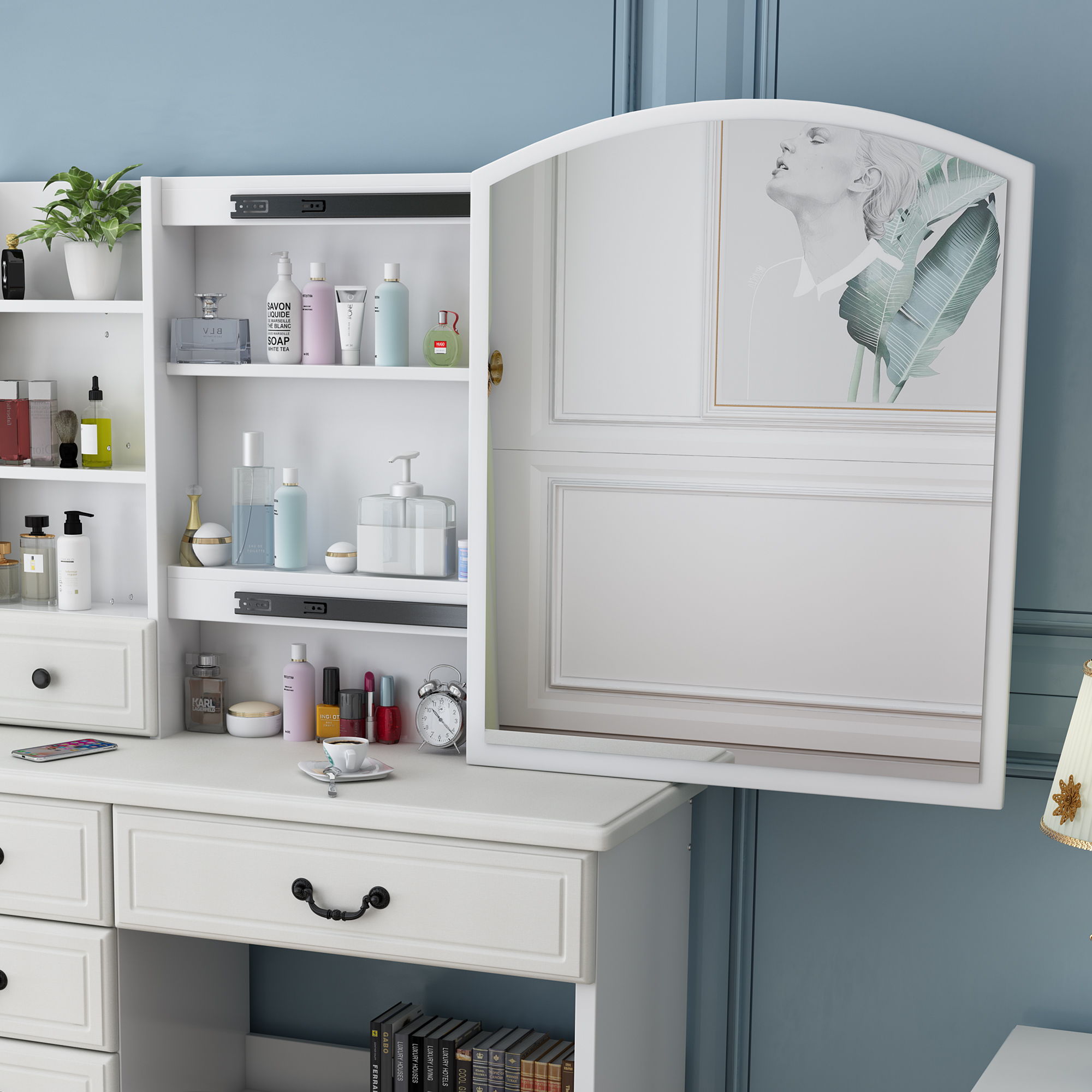 Fashion Vanity Desk With Mirror And Adjustable Lighting, 6 Drawers, 3 Color Light Modes - White