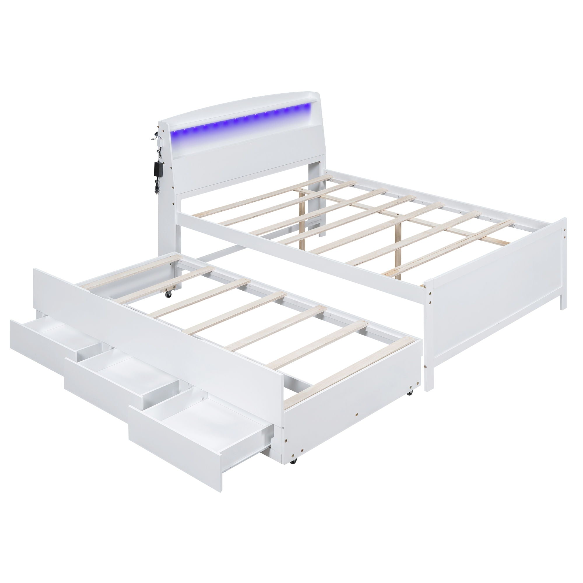 Full Size Platform Bed With Storage LED Headboard, Twin Trundle And 3 Drawers - White