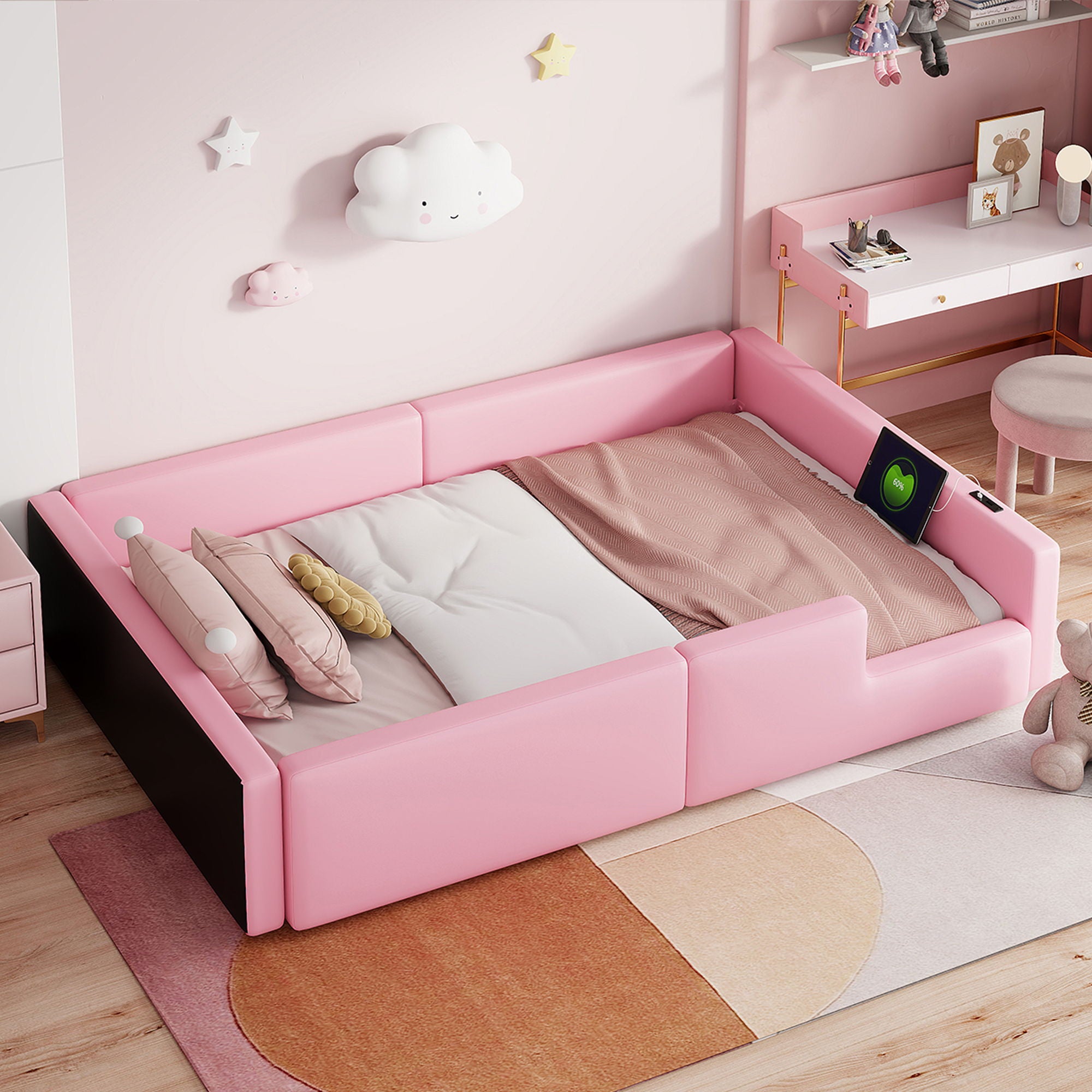 Platform Bed With Guardrail And Charging Station