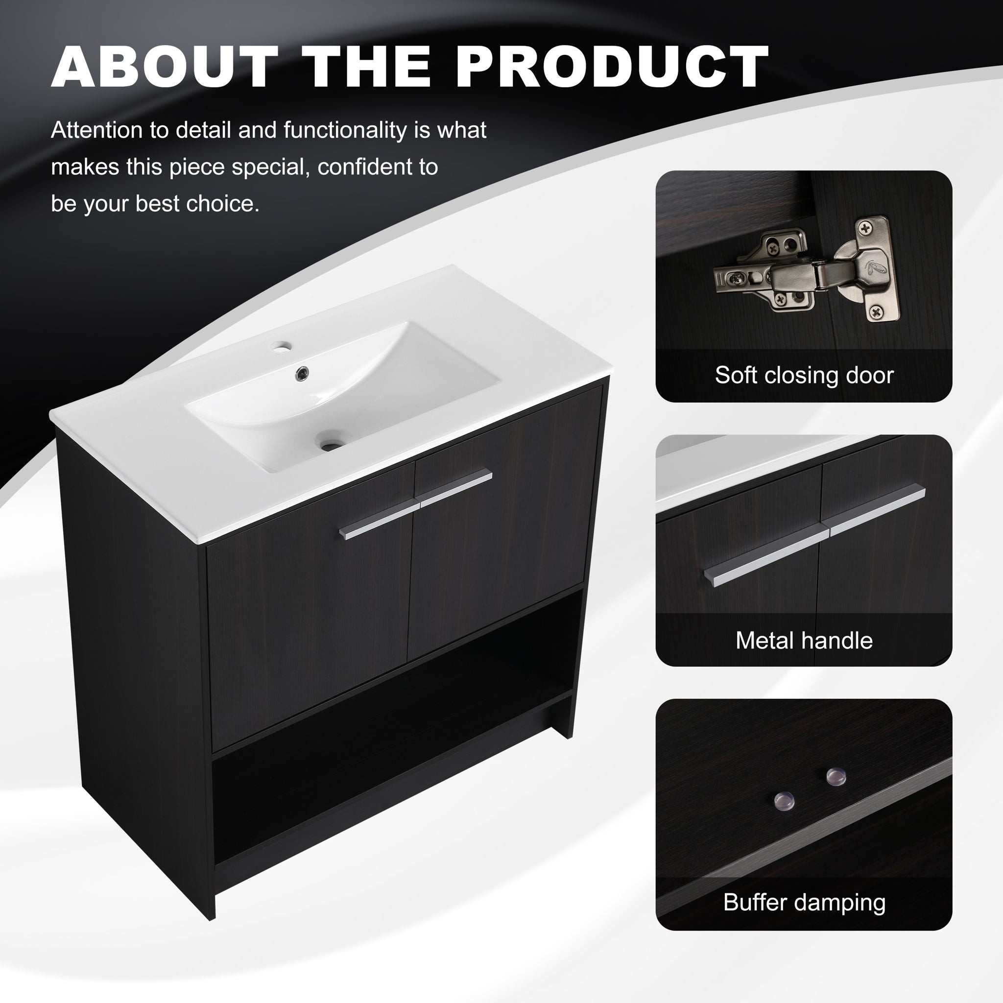 Modern Bathroom Vanity With Ceramic Sink, Freestanding Cabinet, Soft Closing Doors