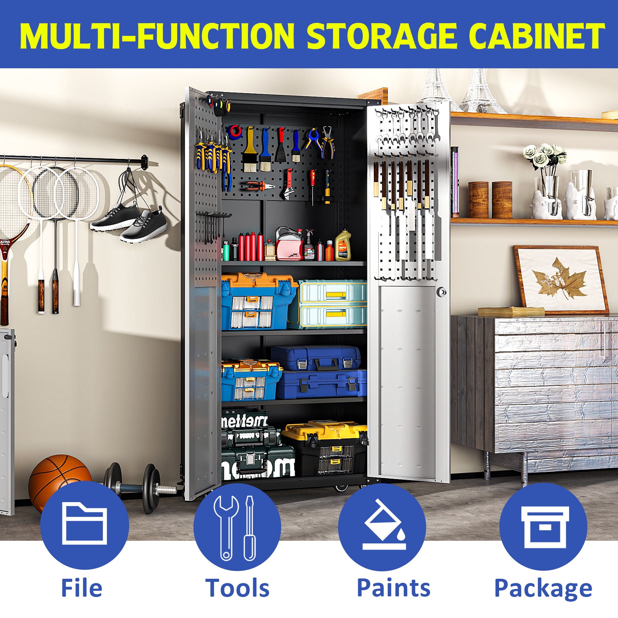 Metal Garage Storage Cabinet With Wheels Heavy Duty Tool Storage Cabinet - Brushed Nickel