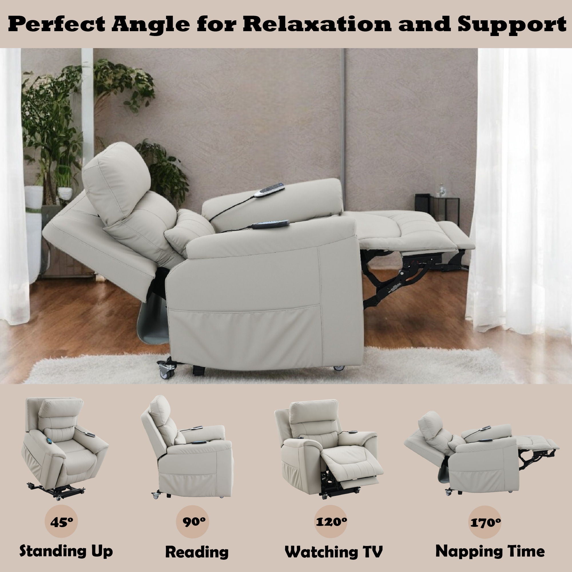 Marsha - Silicone Synthetic Leather Power Motion Recliner With Lift Heating Massage Chair - Light Gray