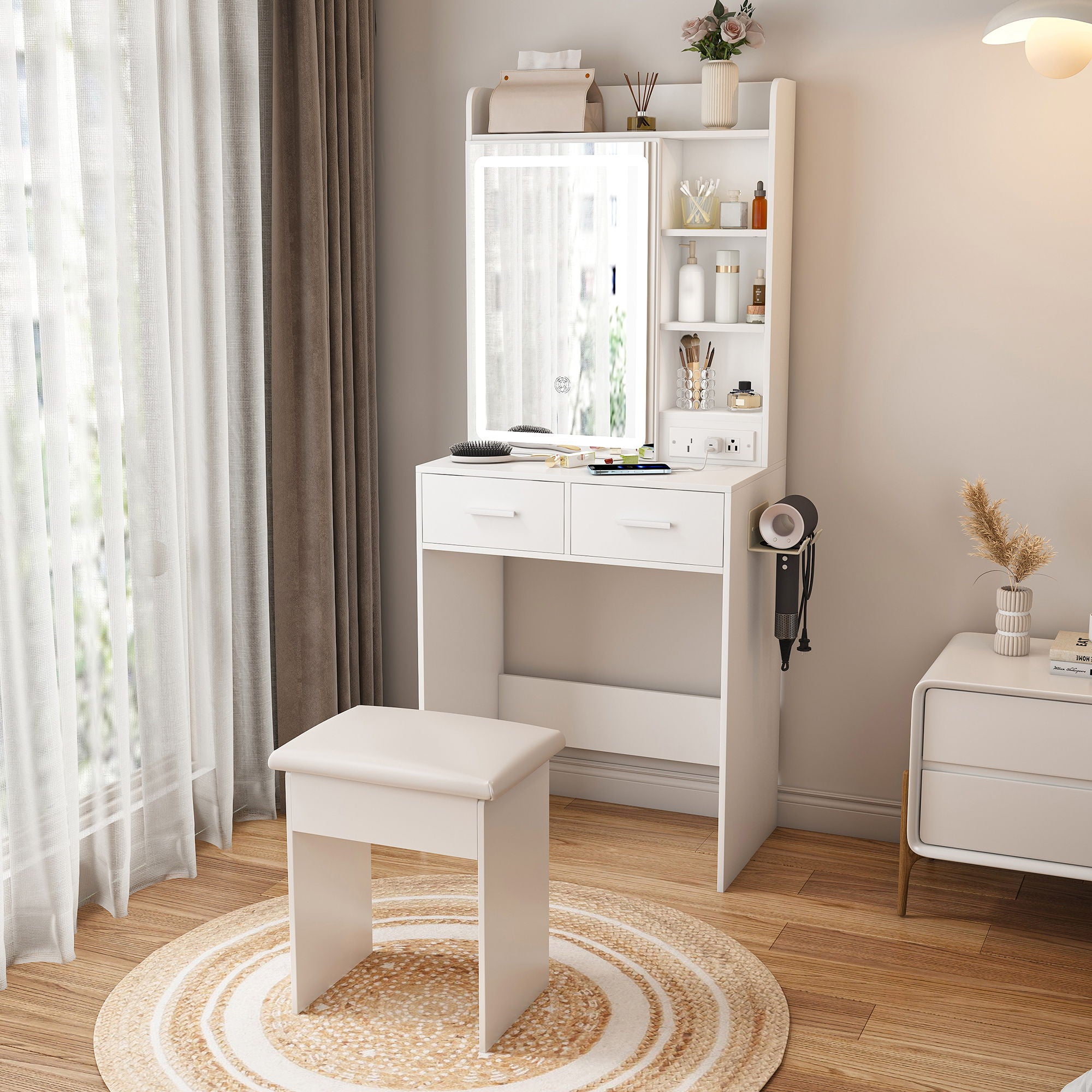 Space Saving Makeup Vanity Desk With Mirror & Adjustable Led Lights, Built-In Power Outlet, Hidden Storage, Includes Stool & Shelf - White
