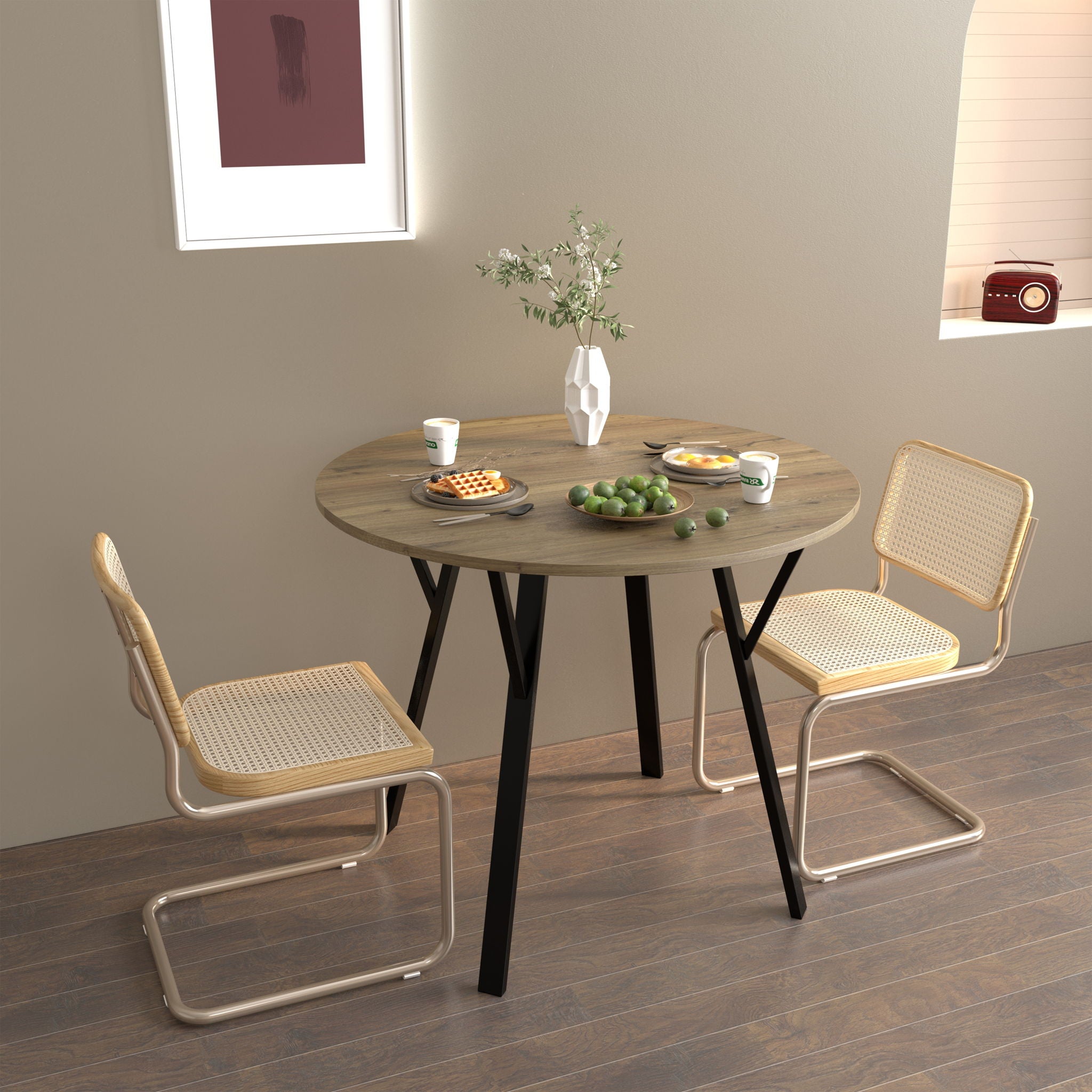 Round Dining Table, For 2 - 4 People - Rustic Brown