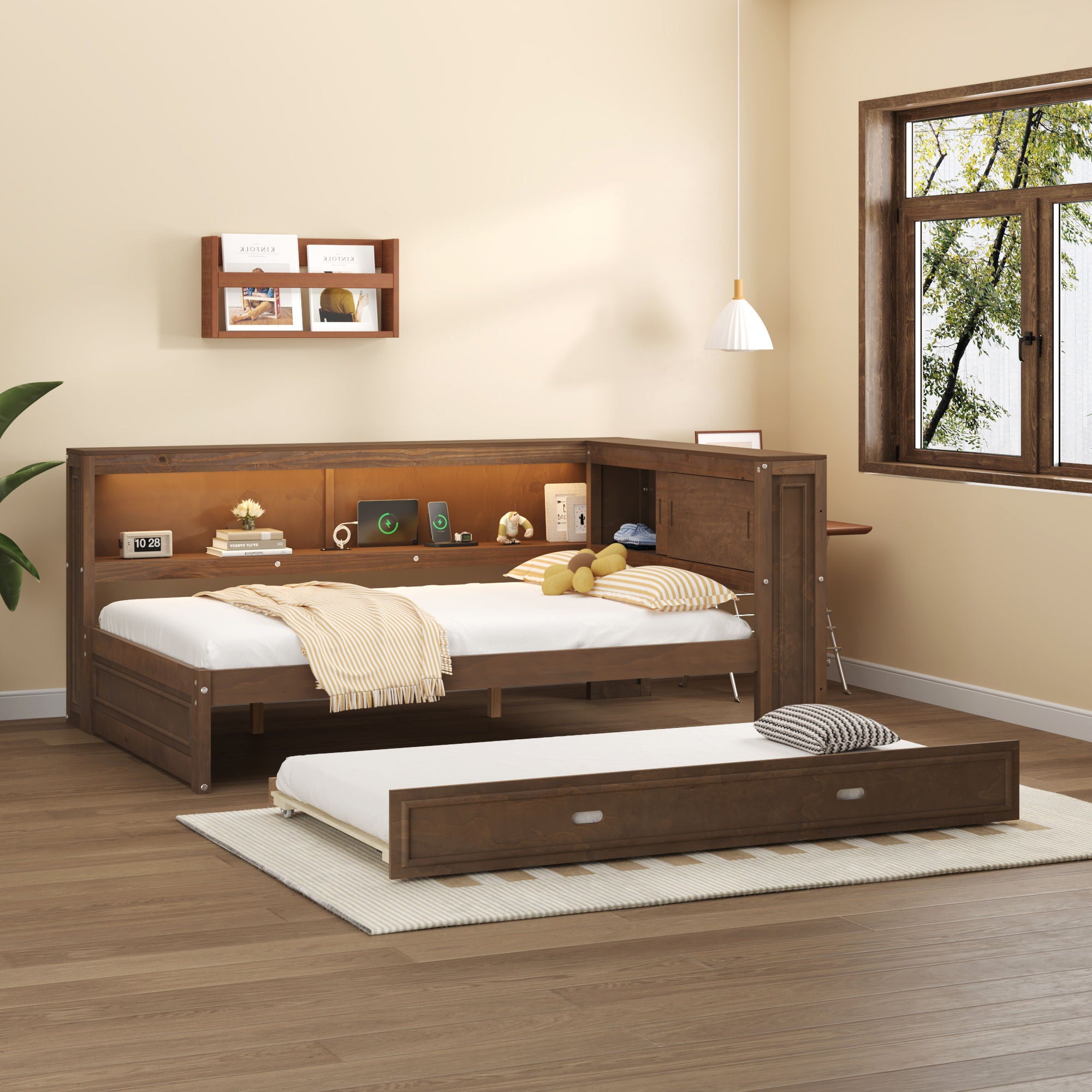 Daybed With Storage Shelves, LED, USB, And Trundle