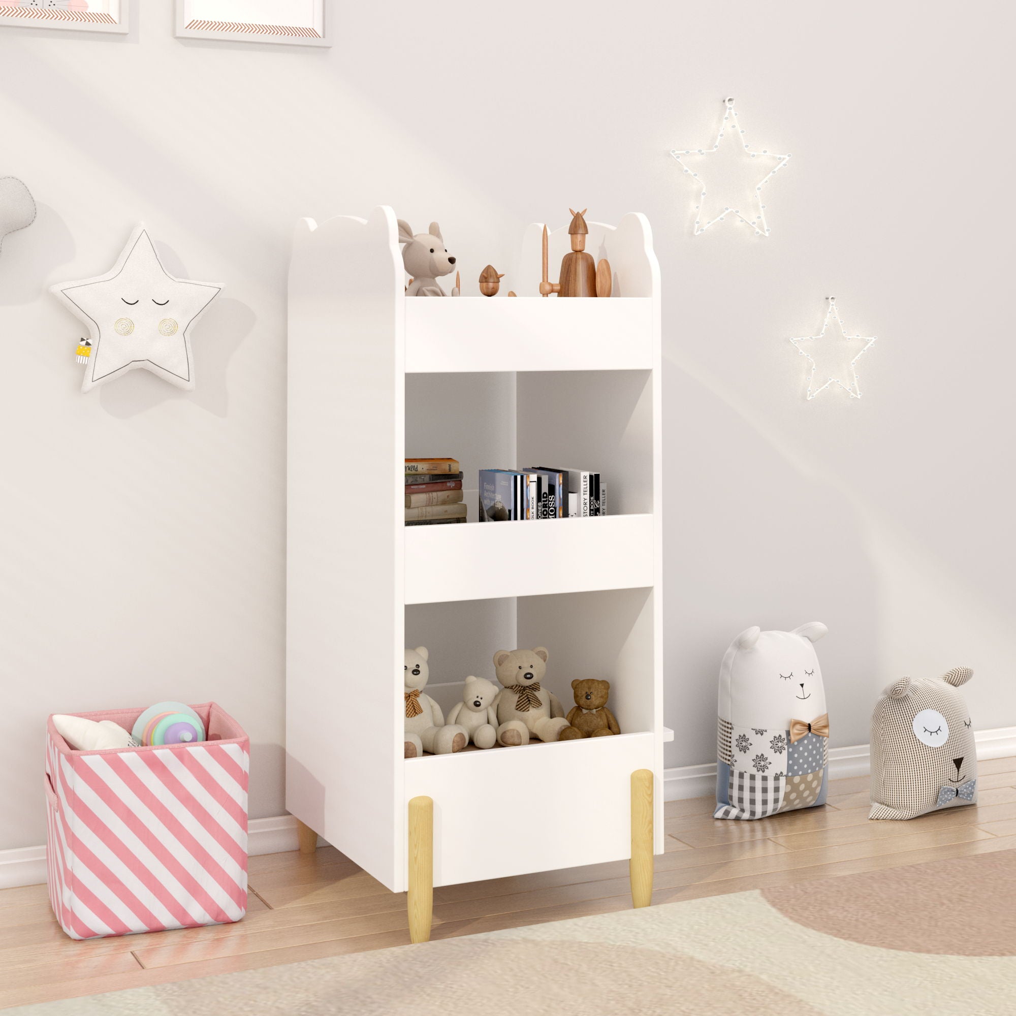 Bear Shaped Bookshelf With Chalkboard Side, 3 Tier Storage Organizer For Playroom - White