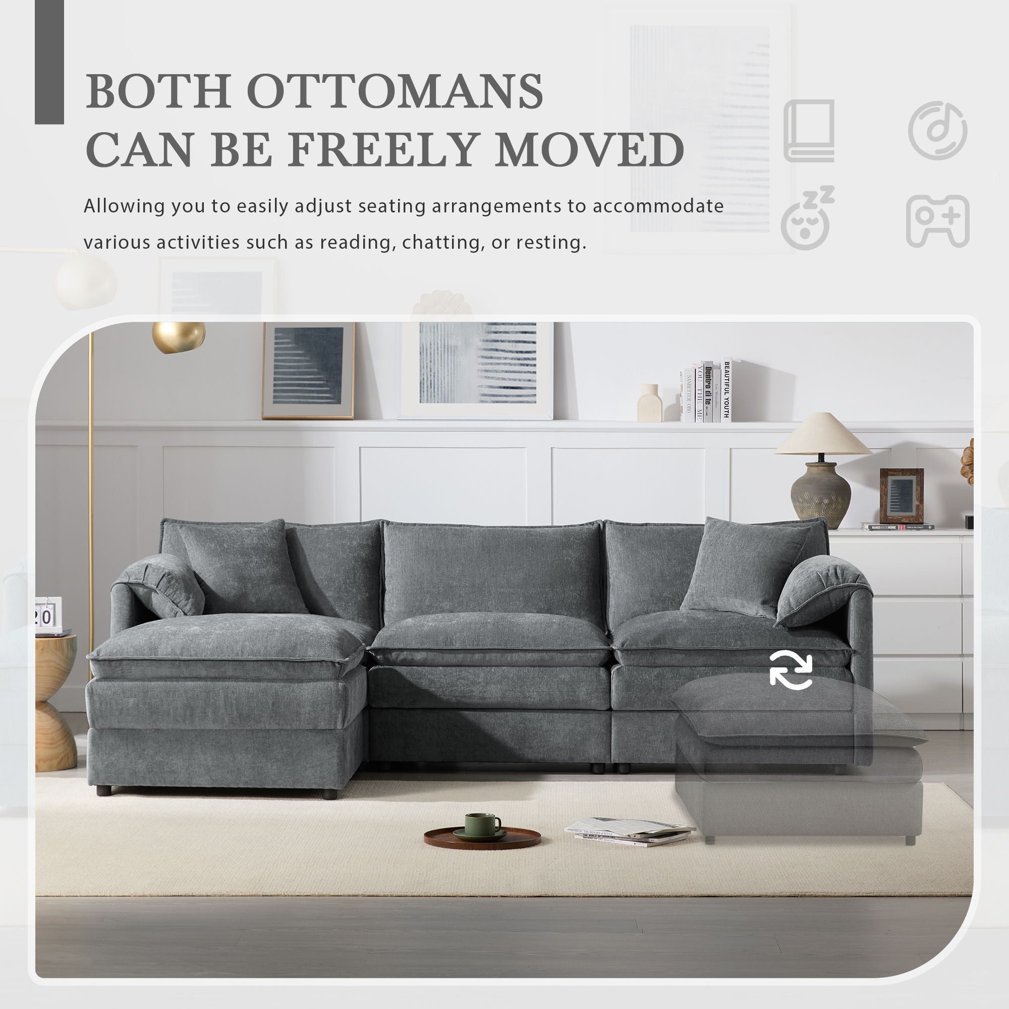 Modular Sectional With Deep And Wide Seat, Cloud Couch Set With Double Cushions Sofa With Movable Ottoman