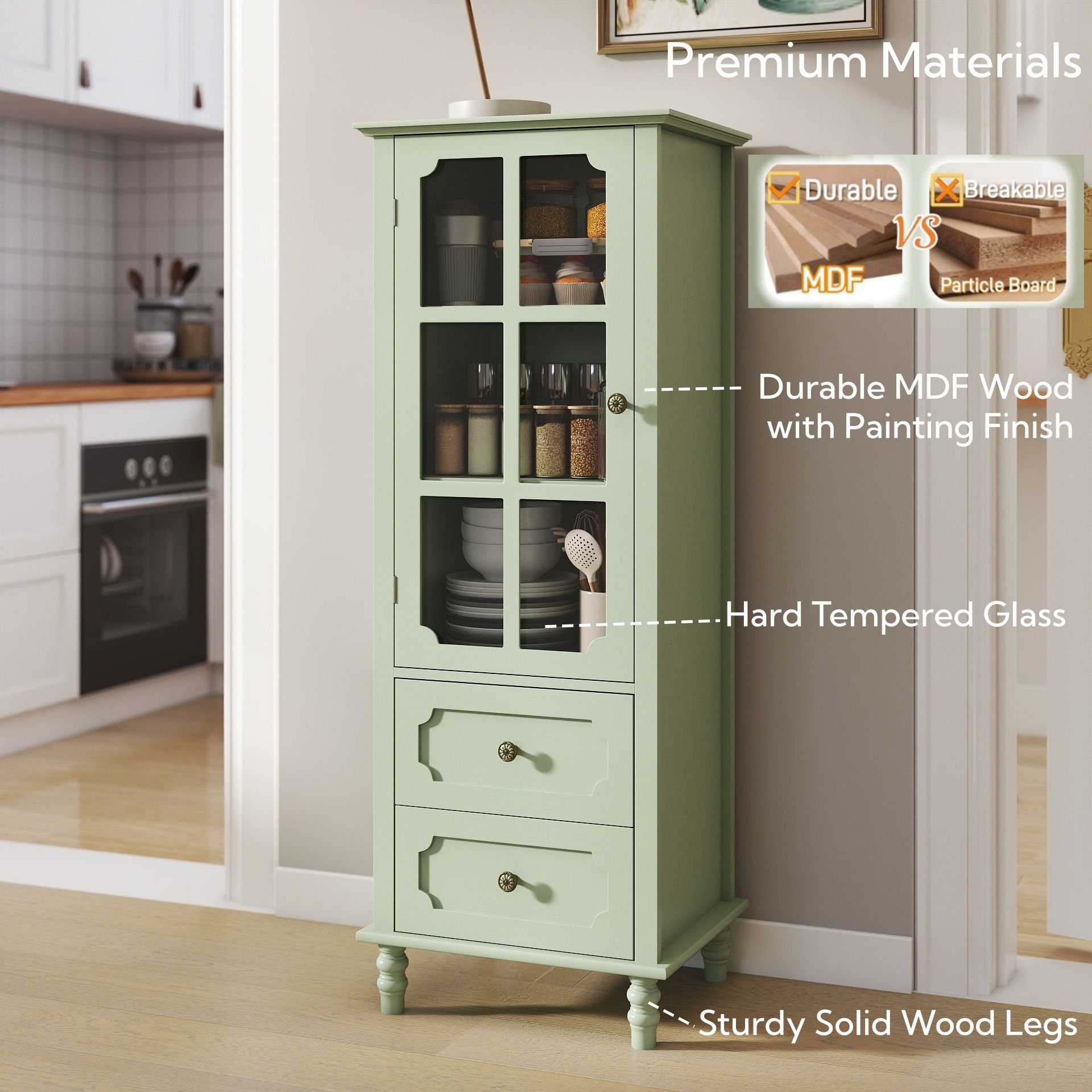 Minimalism Buffet Cabinet With Glass Doors And Double Drawer