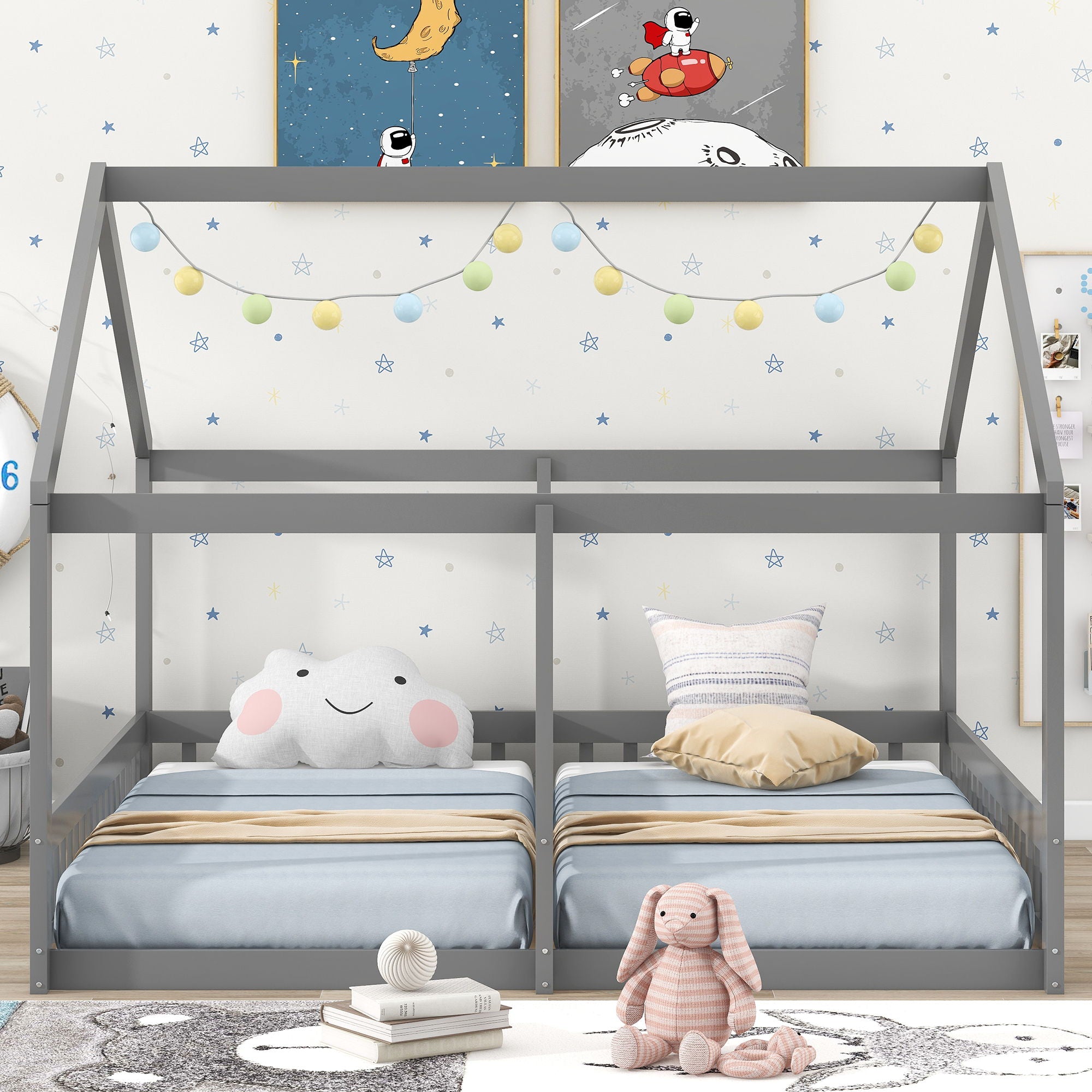 House Platform Beds, 2 Shared Beds, Metal Frame With Guardrails