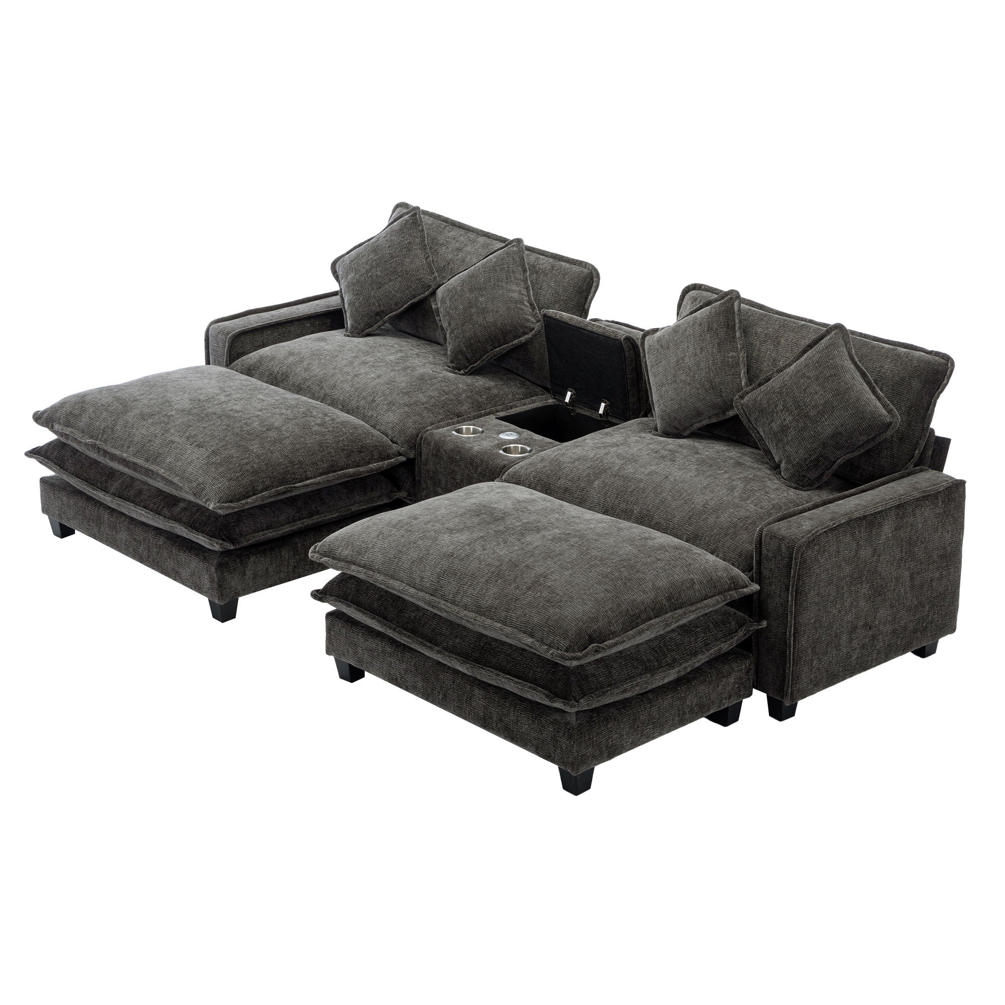 Sectional Sofa Upholstered Sofa With Two Removable Ottoman, Two USB Ports, Two Cup Holders And Large Storage Box For Living Room