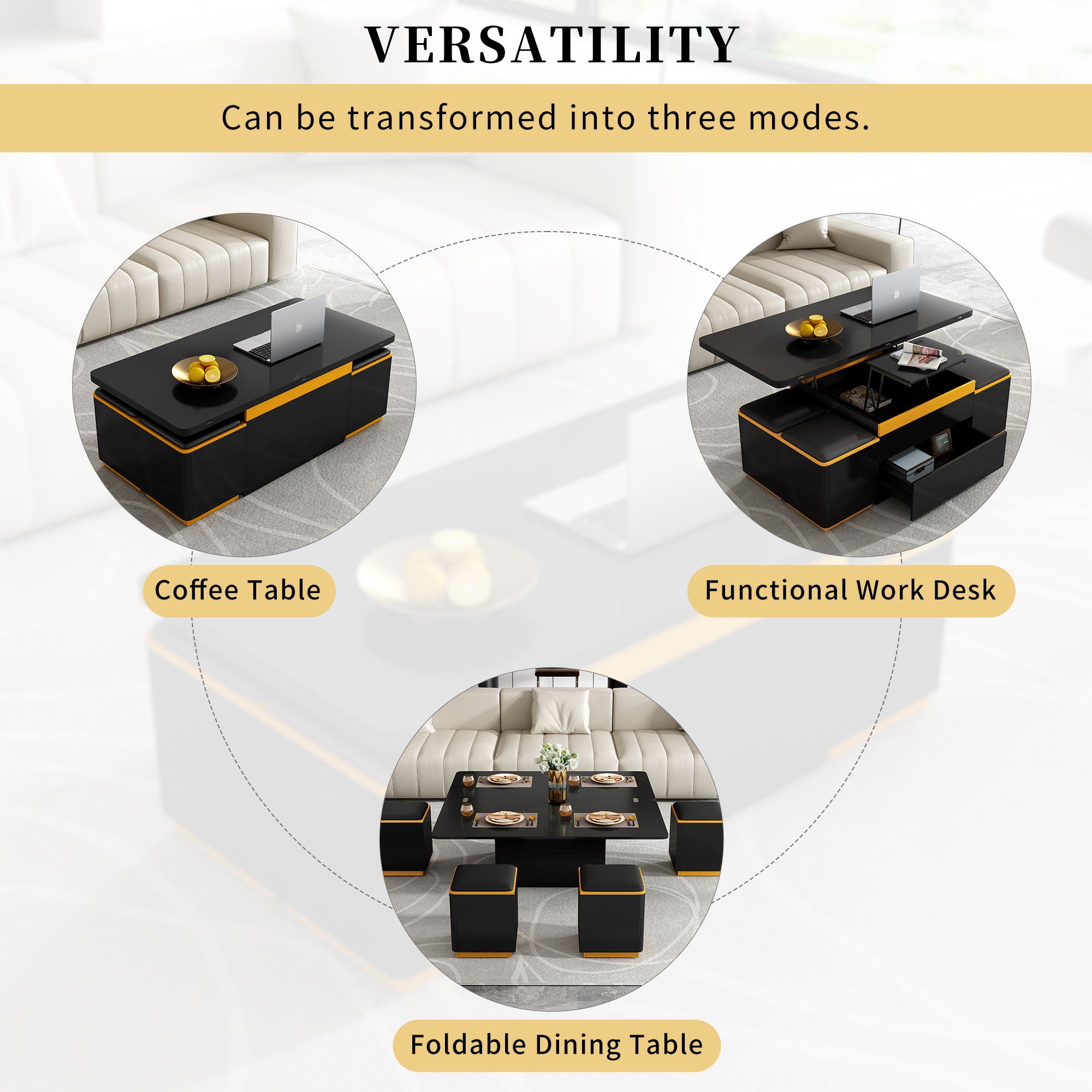 Lift Top Coffee Table With 4 Storage Stools