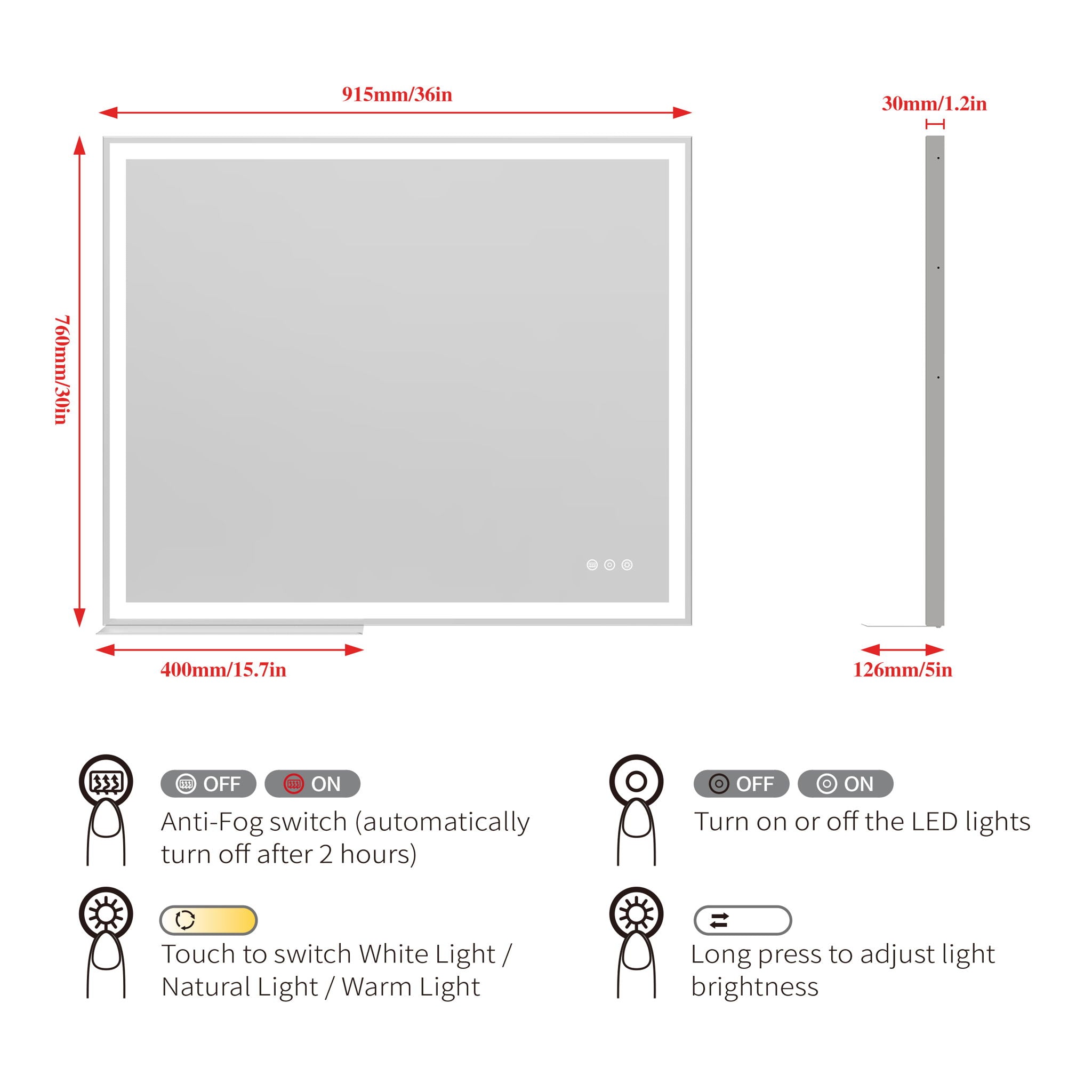 LED Bathroom Vanity Mirror Wall Mounted Adjustable / Warm / Natural Lights Anti-Fog Touch Switch With Memory Modern Smart Large Bathroom Mirrors
