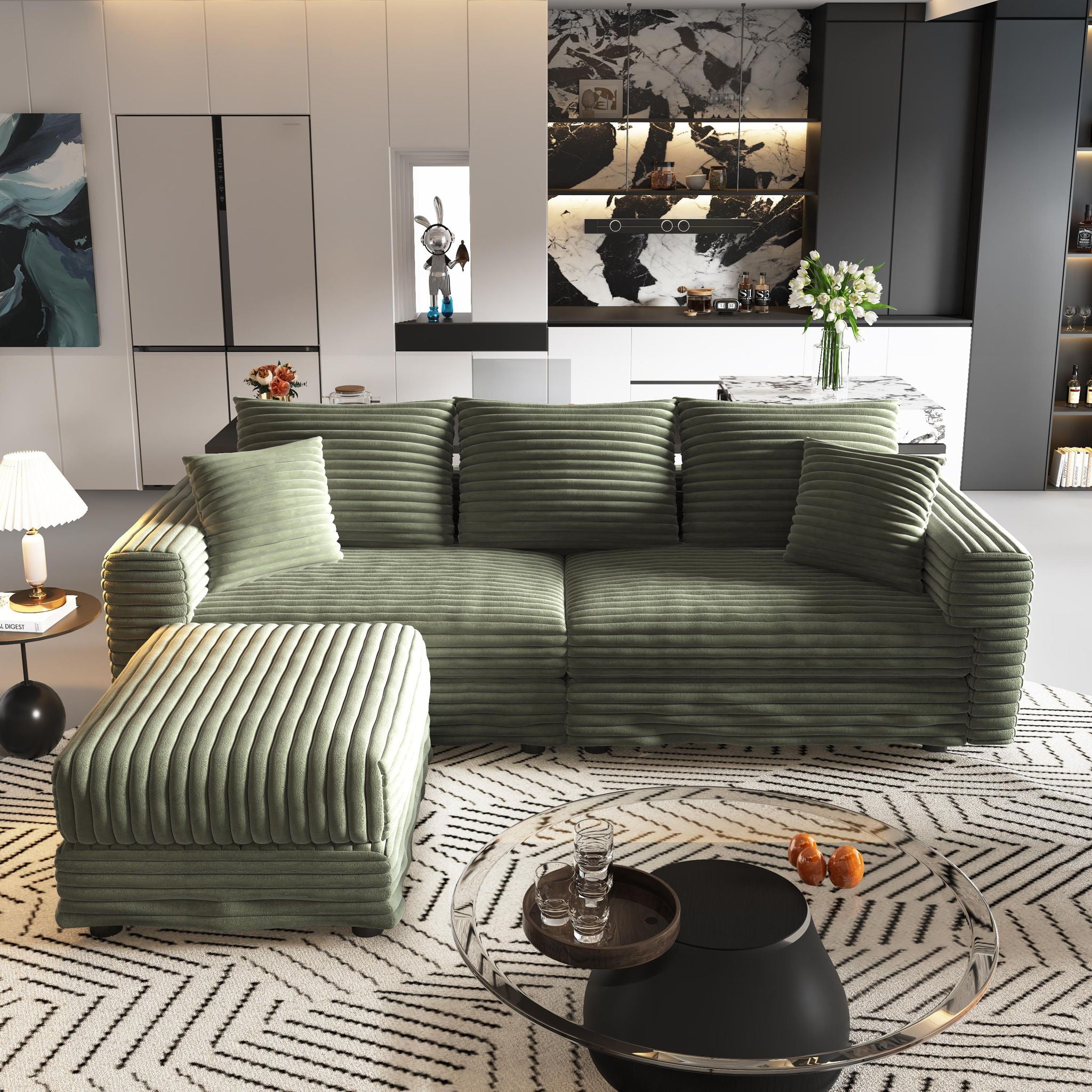 Convertible Deep Seat Sofa With Soft Pillows And Ottomans