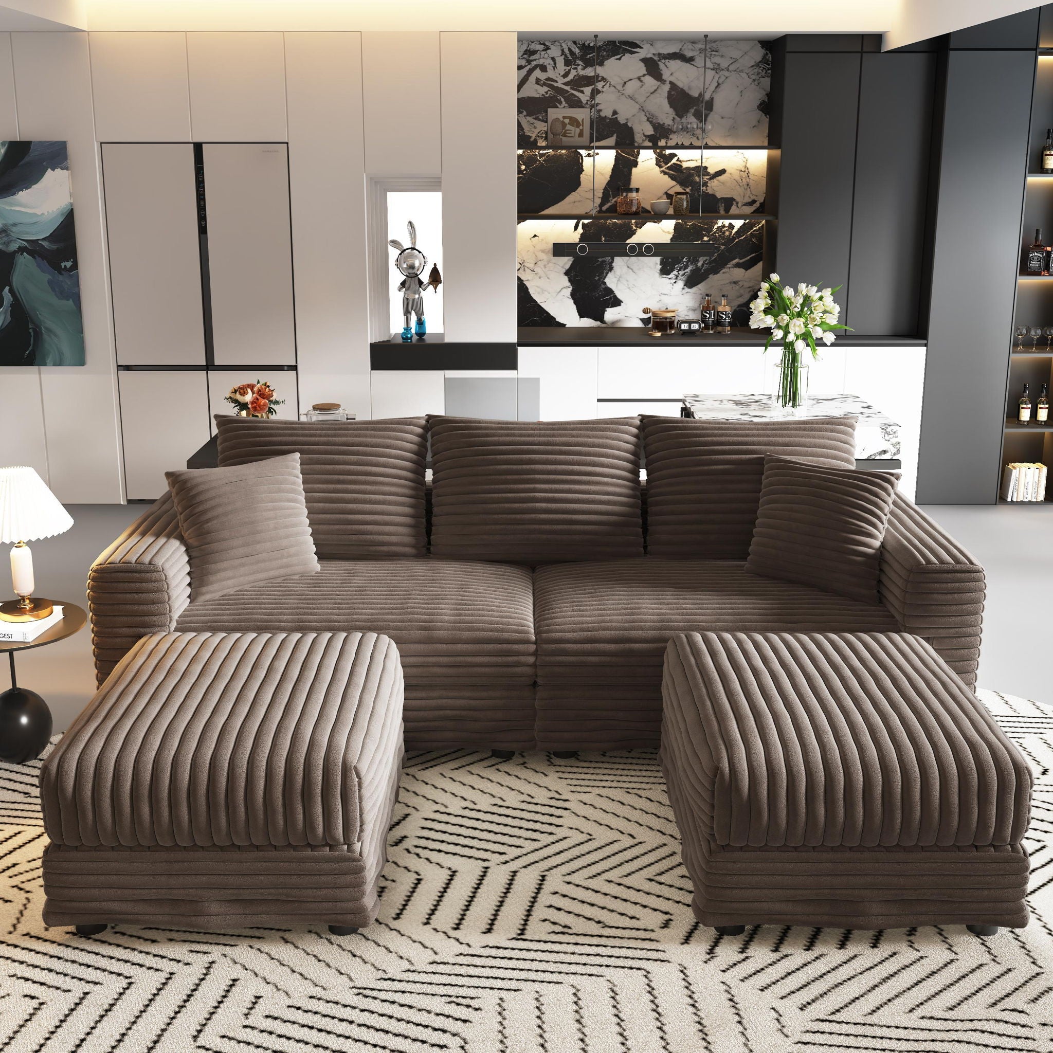 Deep Seat Convertible Sofa With Soft Pillows And Ottomans