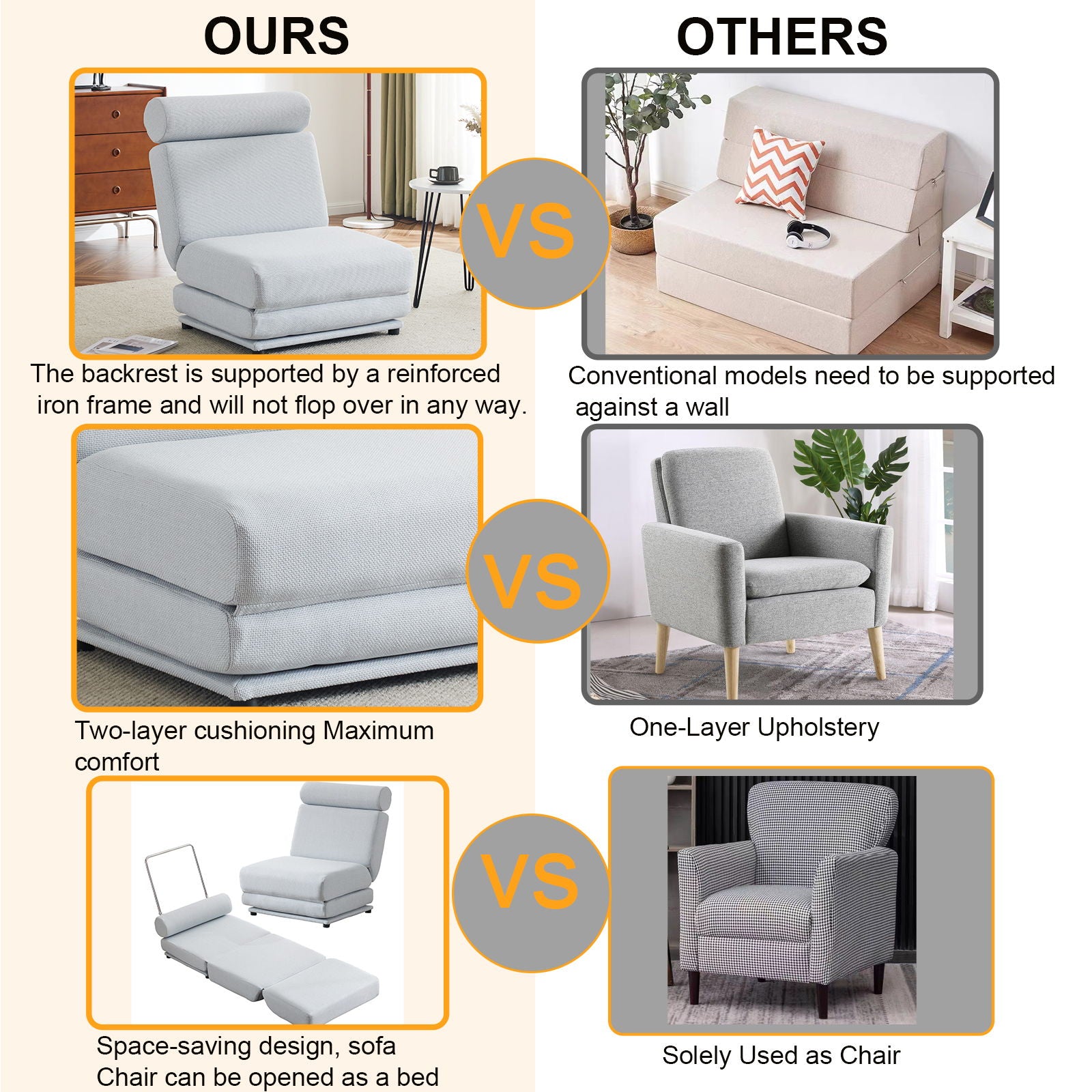 Foldable Single Chair Sofa Bed With Pillow, Easy To Store, Breathable And Wearable