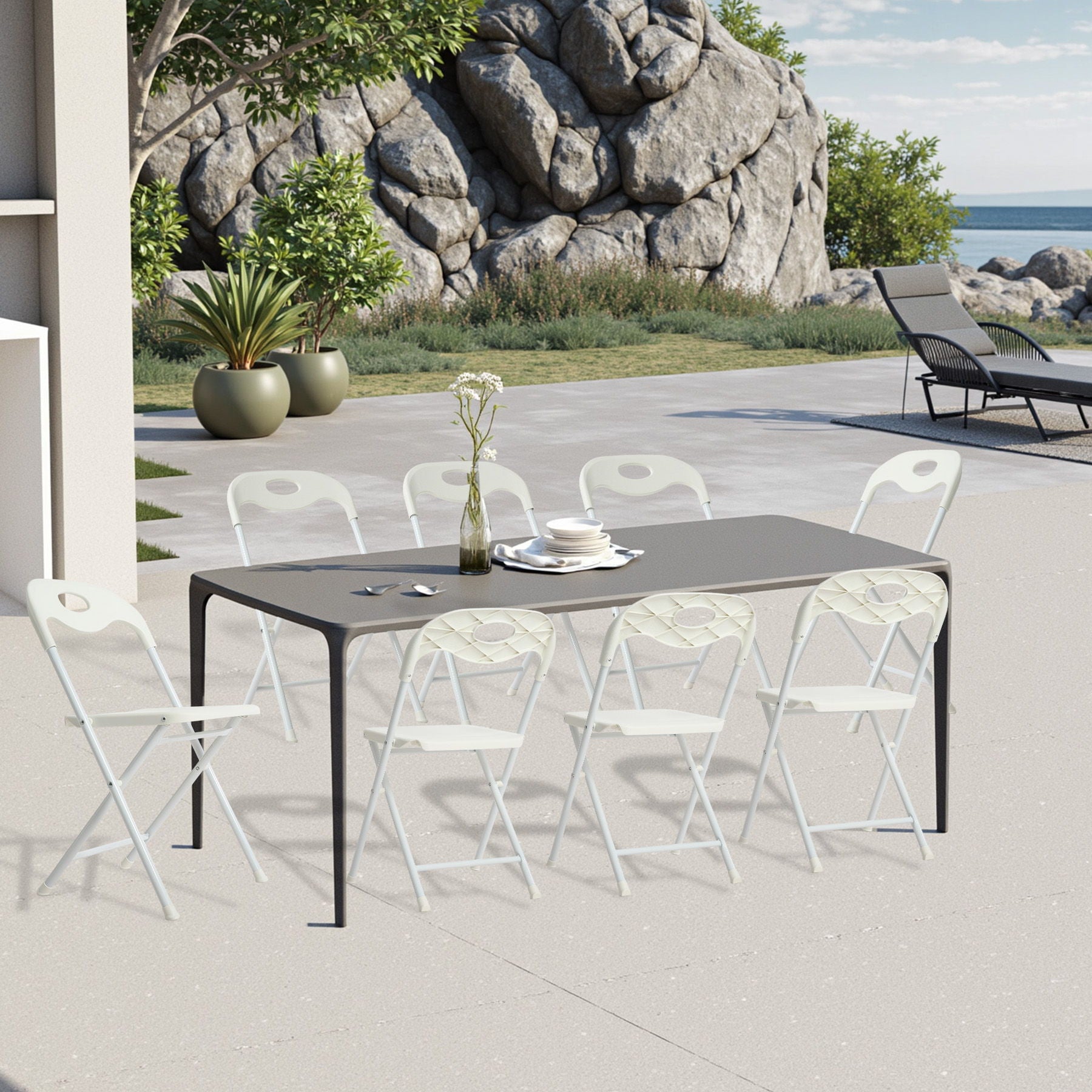 Folding Chairs, Stackable & Waterproof (Set of 4) - White