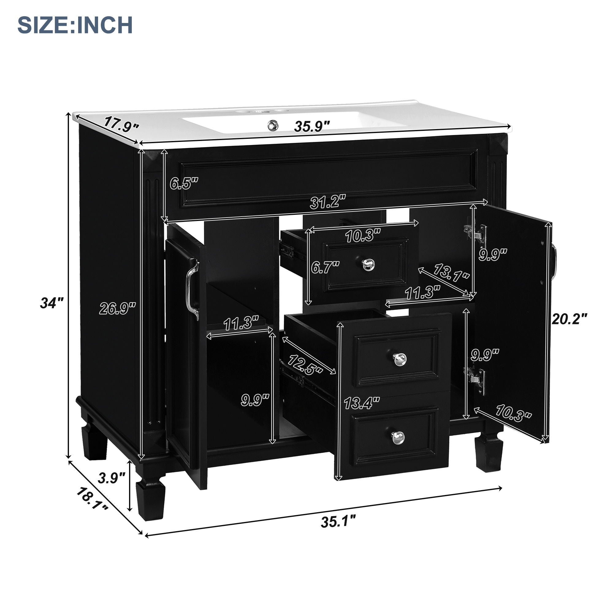Bathroom Vanity With Top Sink, Mirror Cabinet, 2 Soft Closing Doors & 2 Drawers