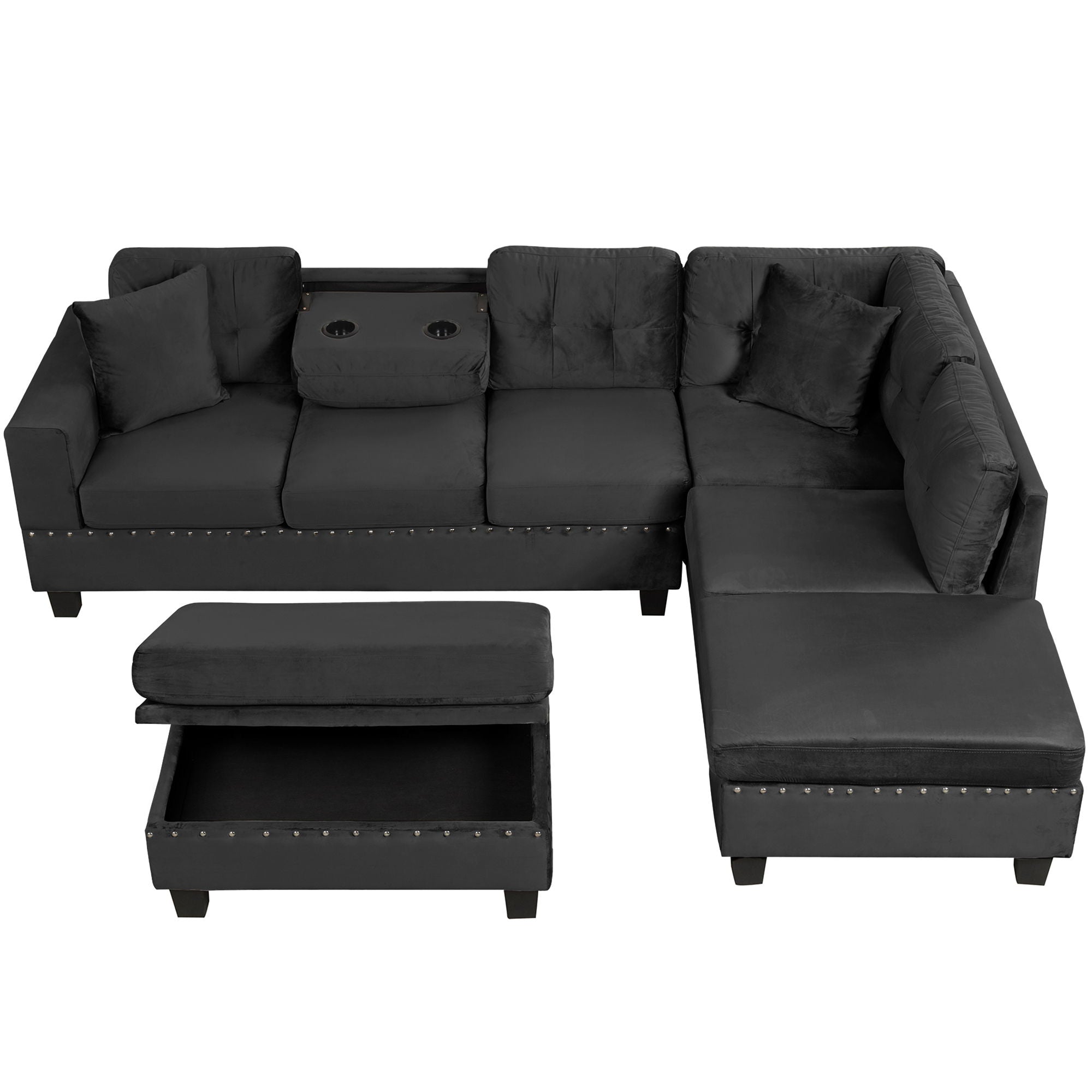 Modern Sectional Sofa With Storage Ottoman, L - Shape Couch With 2 Pillows And Cup Holders