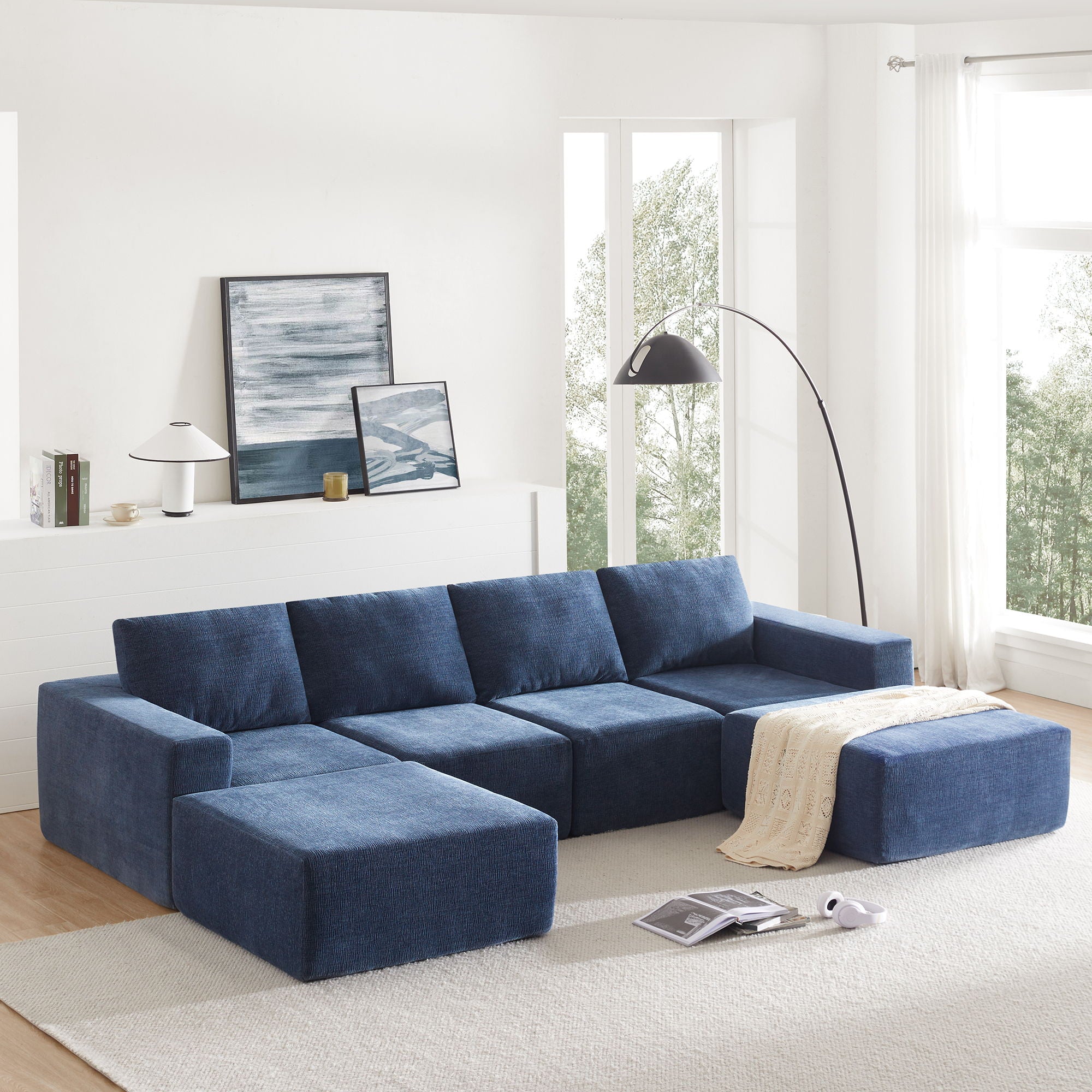 Modular U Shaped Sectional With Ottomans, Luxury Cloud Floor Couch With Deep Seat Fully Compressed Upholstered Sofa