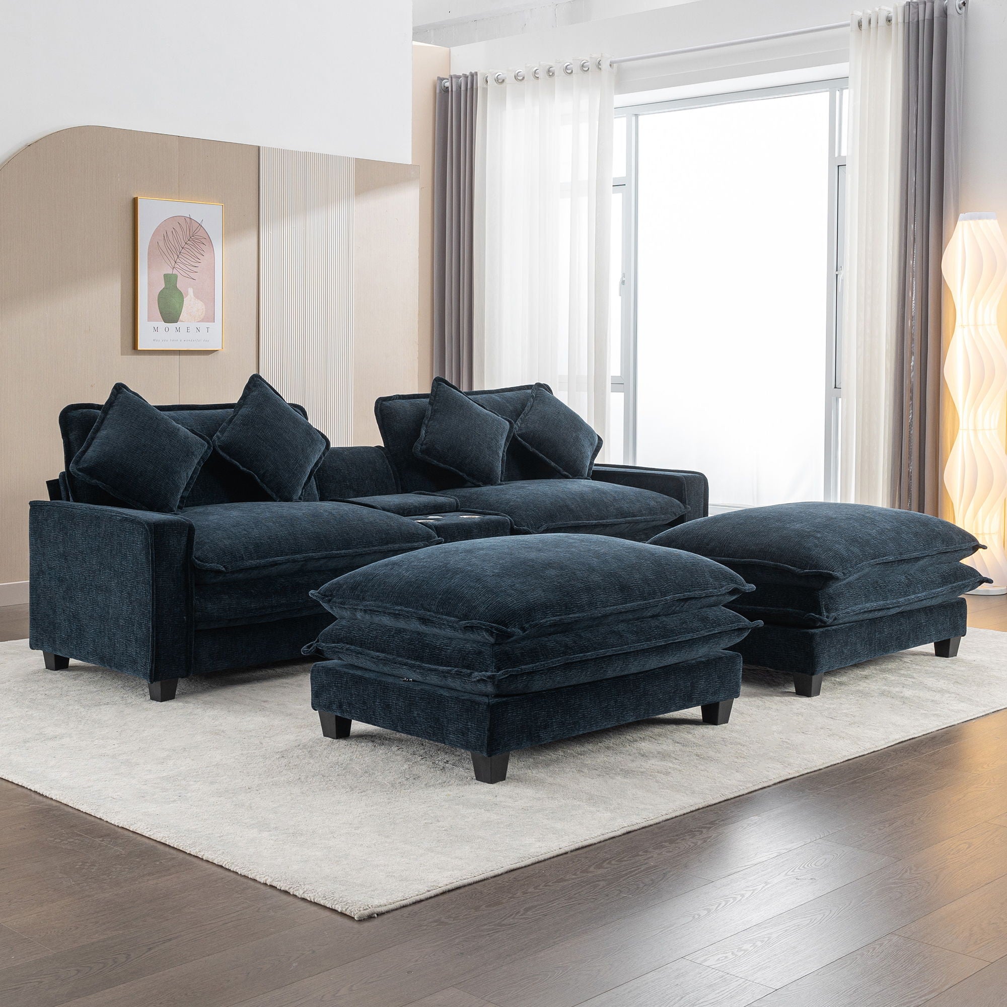Sectional Sofa Upholstered Sofa With Two Removable Ottoman, Two USB Ports, Two Cup Holders And Large Storage Box For Living Room