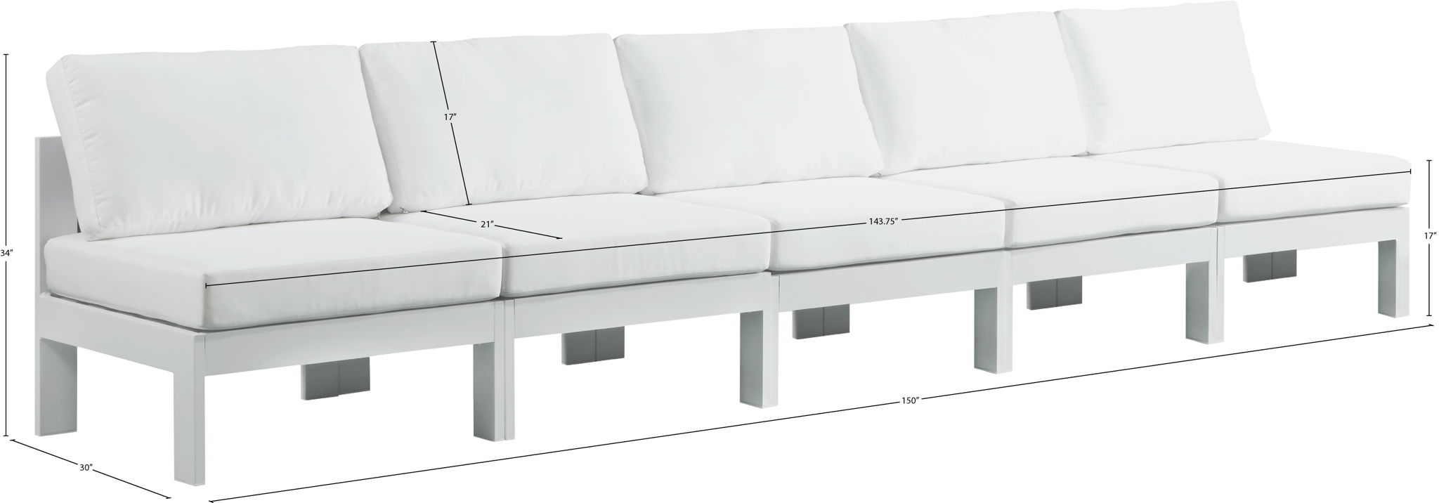 Nizuc - Outdoor Patio 5 Seat Modular Armless Sofa With White Frame