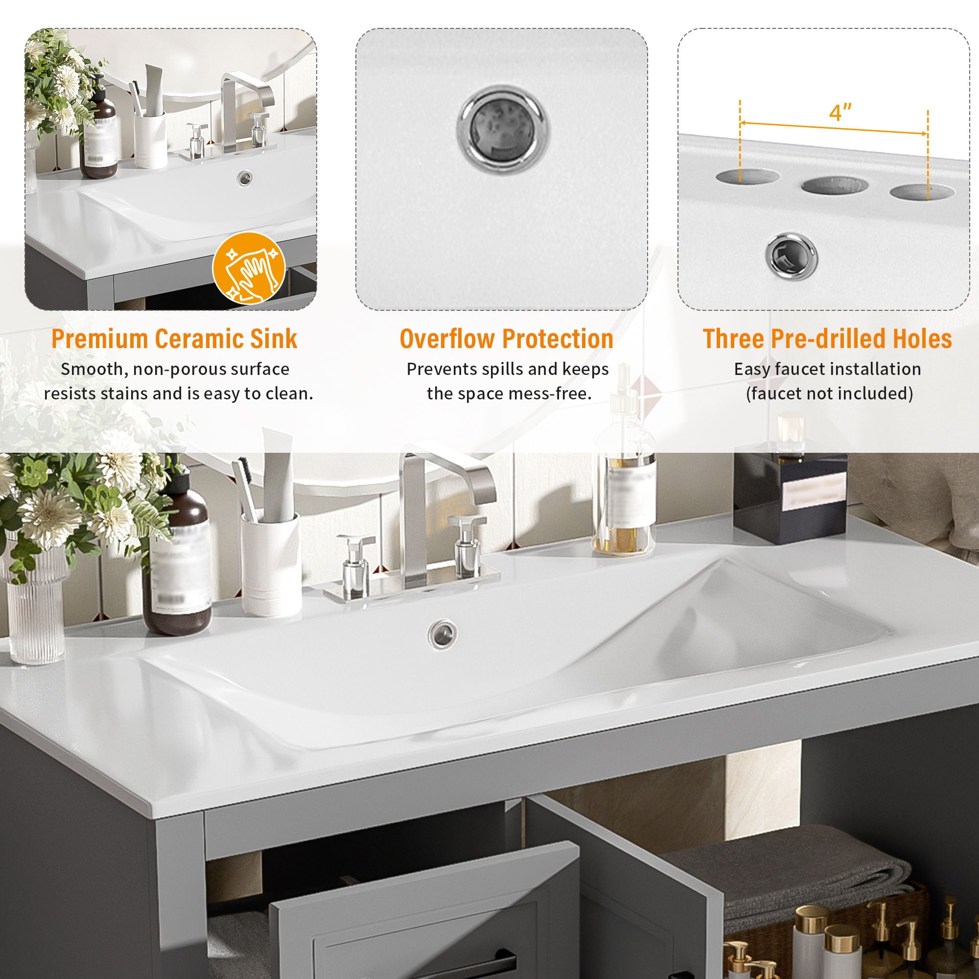 Bathroom Vanity With Sink, Soft Close Doors, Adjustable Shelf & 3 Drawers
