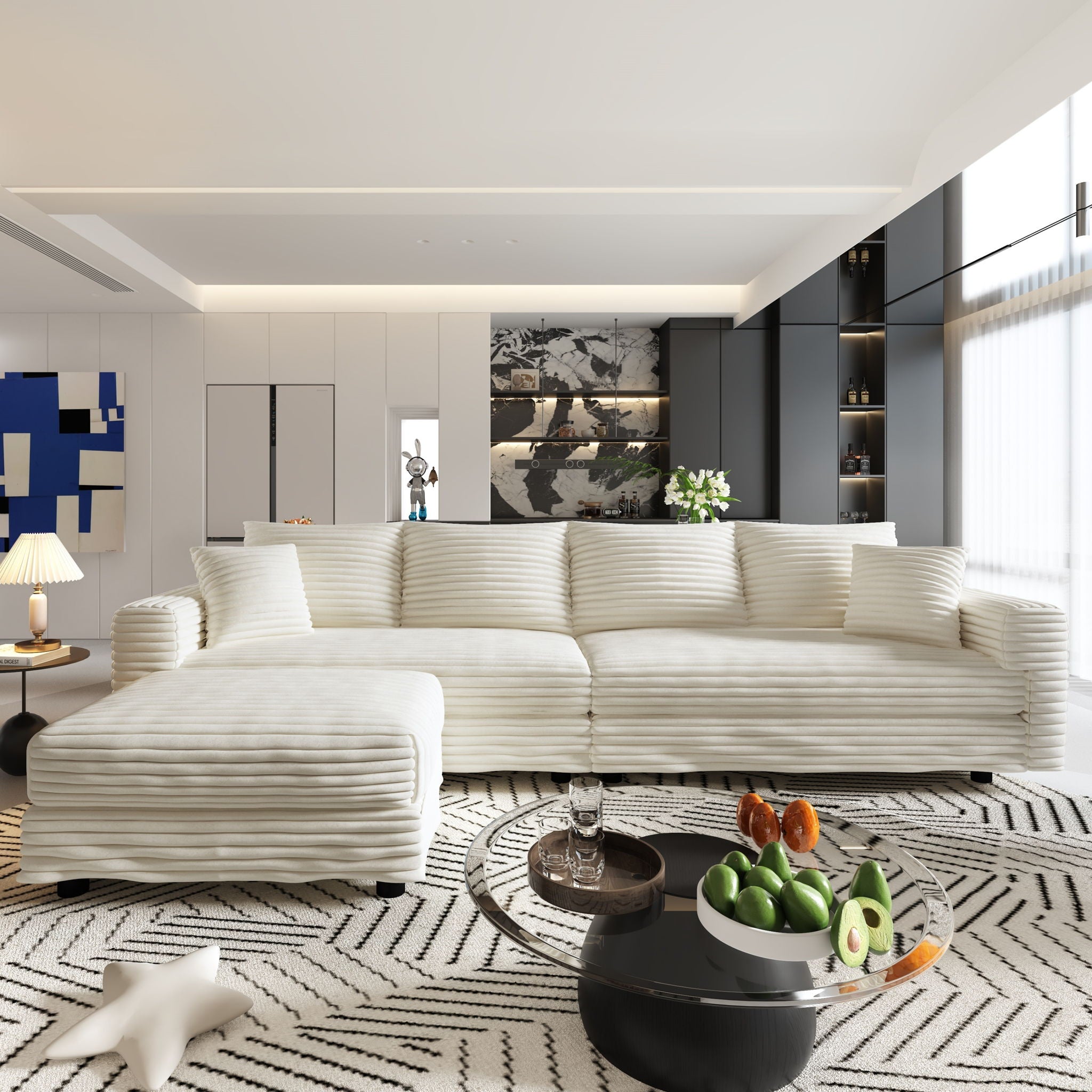 4 Seat Sofa With Soft Pillows And Movable Ottoman