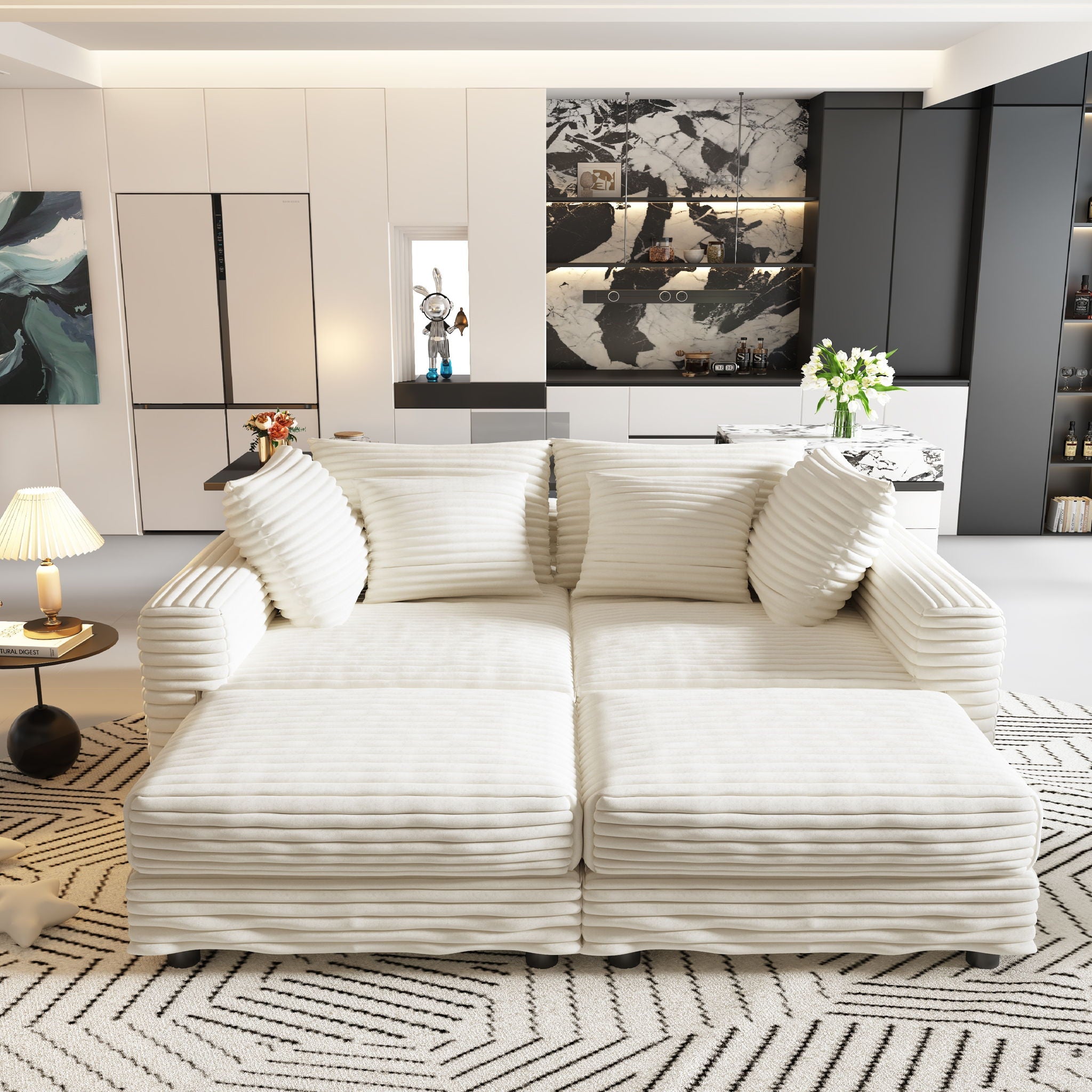 Deep Seat Convertible Sofa With Soft Pillows And Ottomans