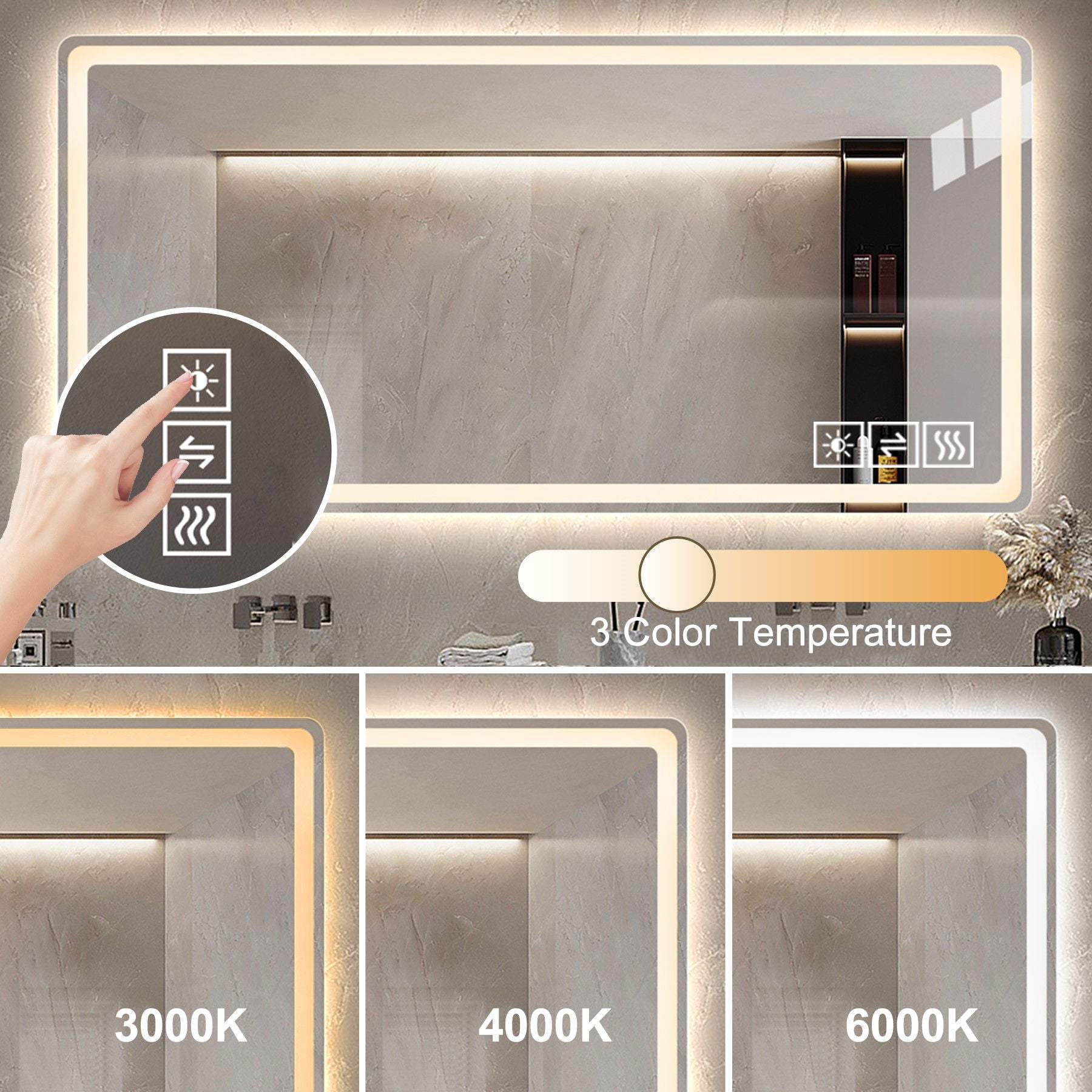 LED Bathroom Mirror Vanity Mirrors With Front Lights Wall Mounted Anti-Fog Frameless Make Up Mirror With Light Copper Free Silver Mirror Horizontal Or Vertical - Silver