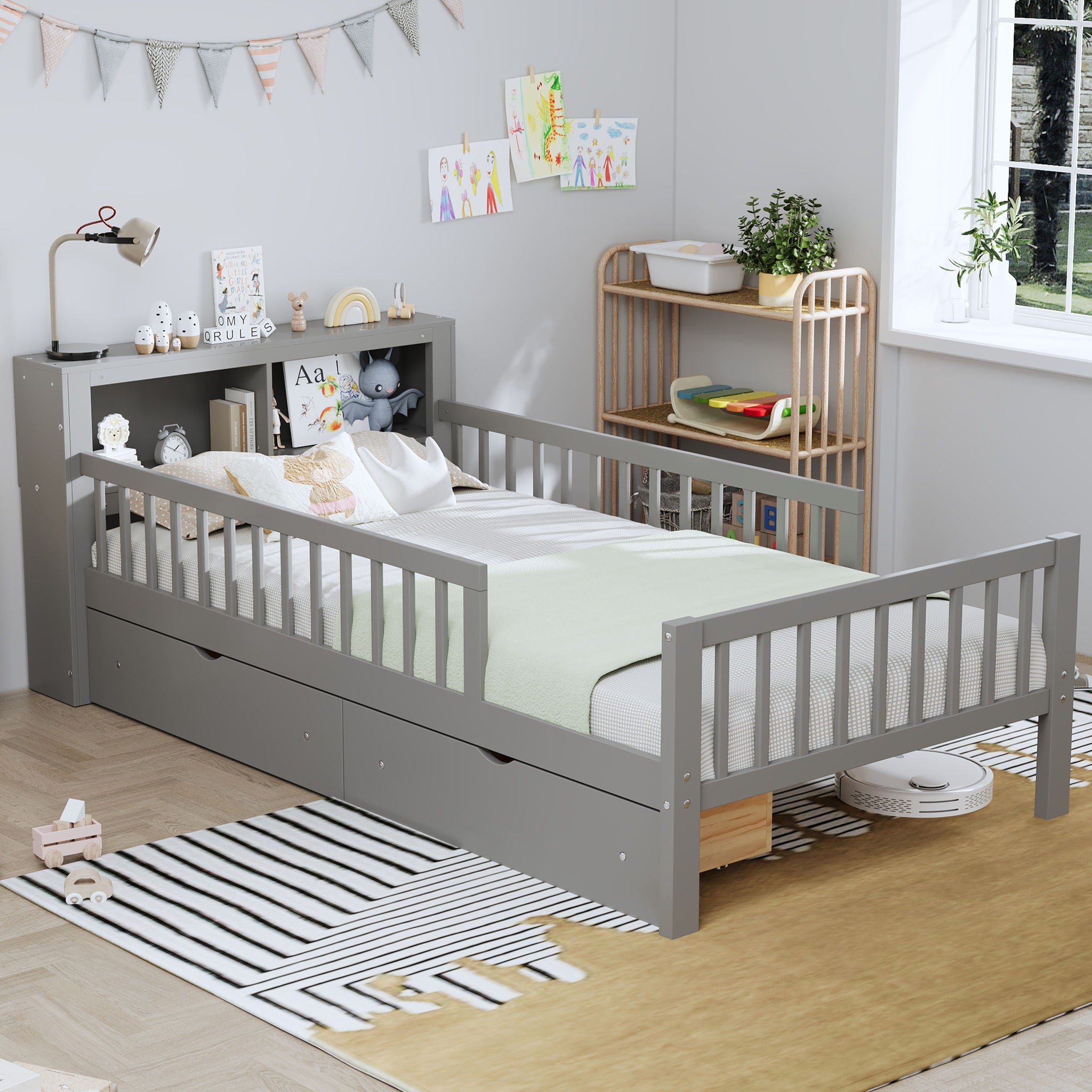 Bed With Headboard Storage Rack, 2 Under Bed Drawers, 3 Side Guardrails For Safety
