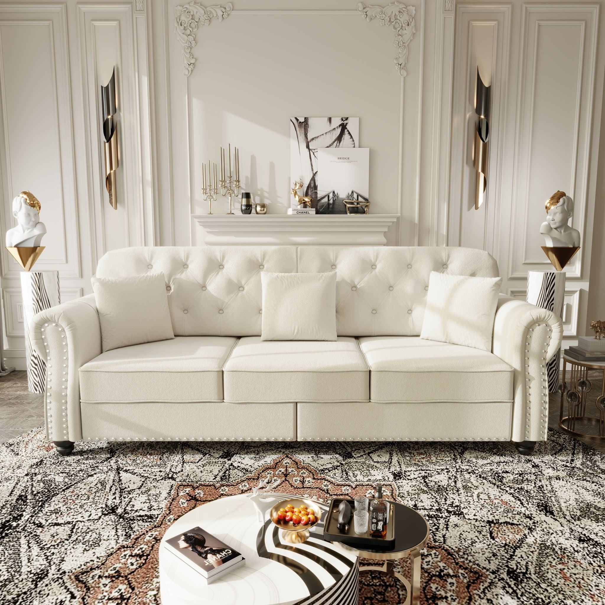 Upholstered 3 Seater Sofa Set With Ottoman