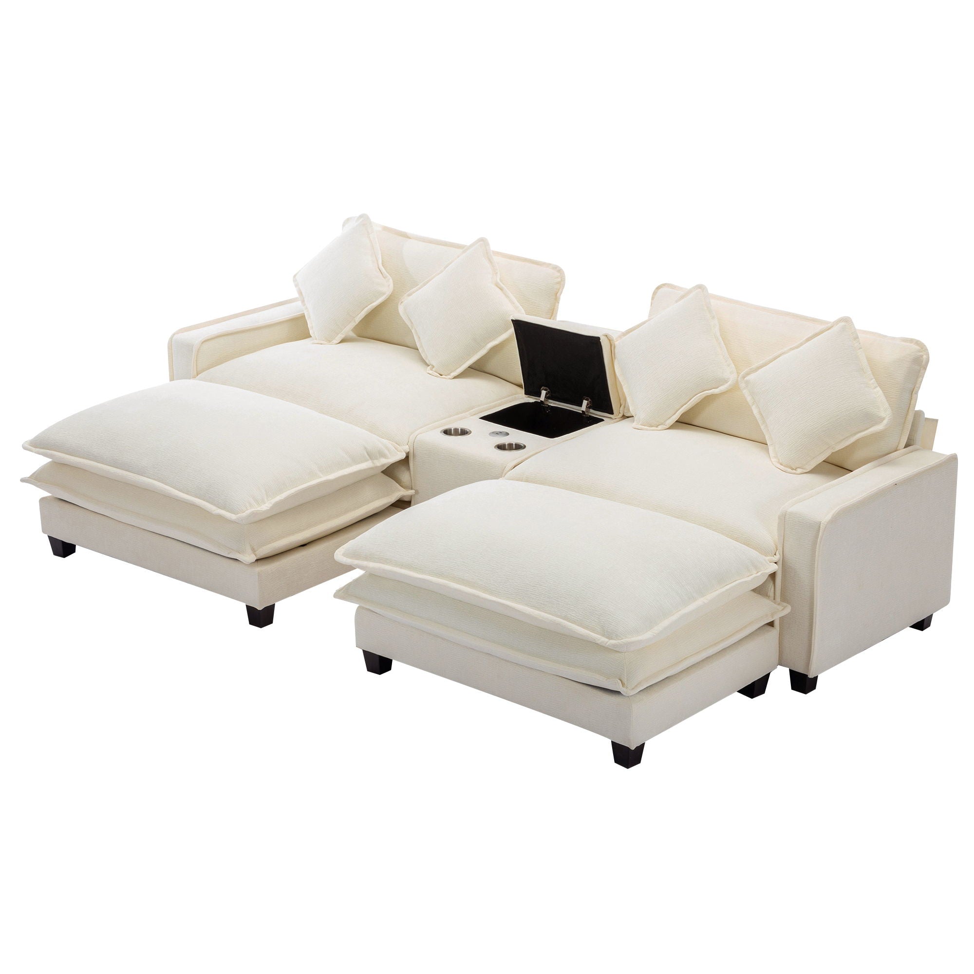 Sectional Sofa Upholstered Sofa With Two Removable Ottoman, Two USB Ports, Two Cup Holders And Large Storage Box For Living Room