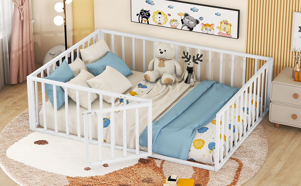 Metal Floor Bed Frame With Fence And Door