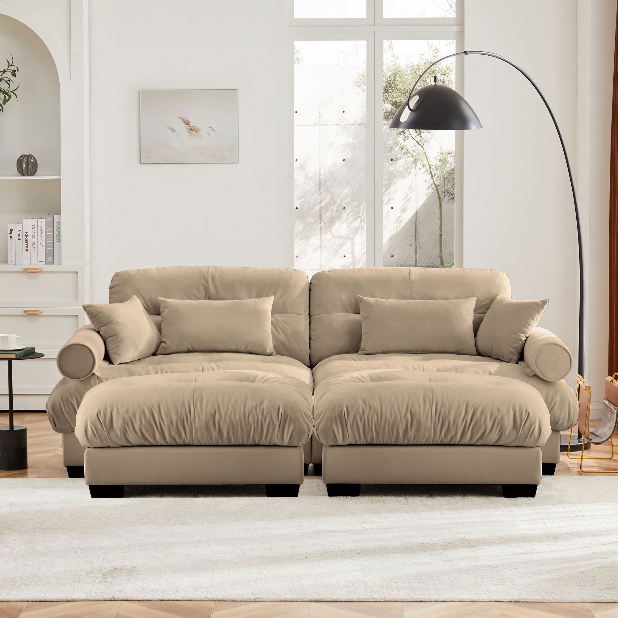 Modern Sectional Sofa With Ottoman, Round Bolster Armrests, Waist And Throw Pillows