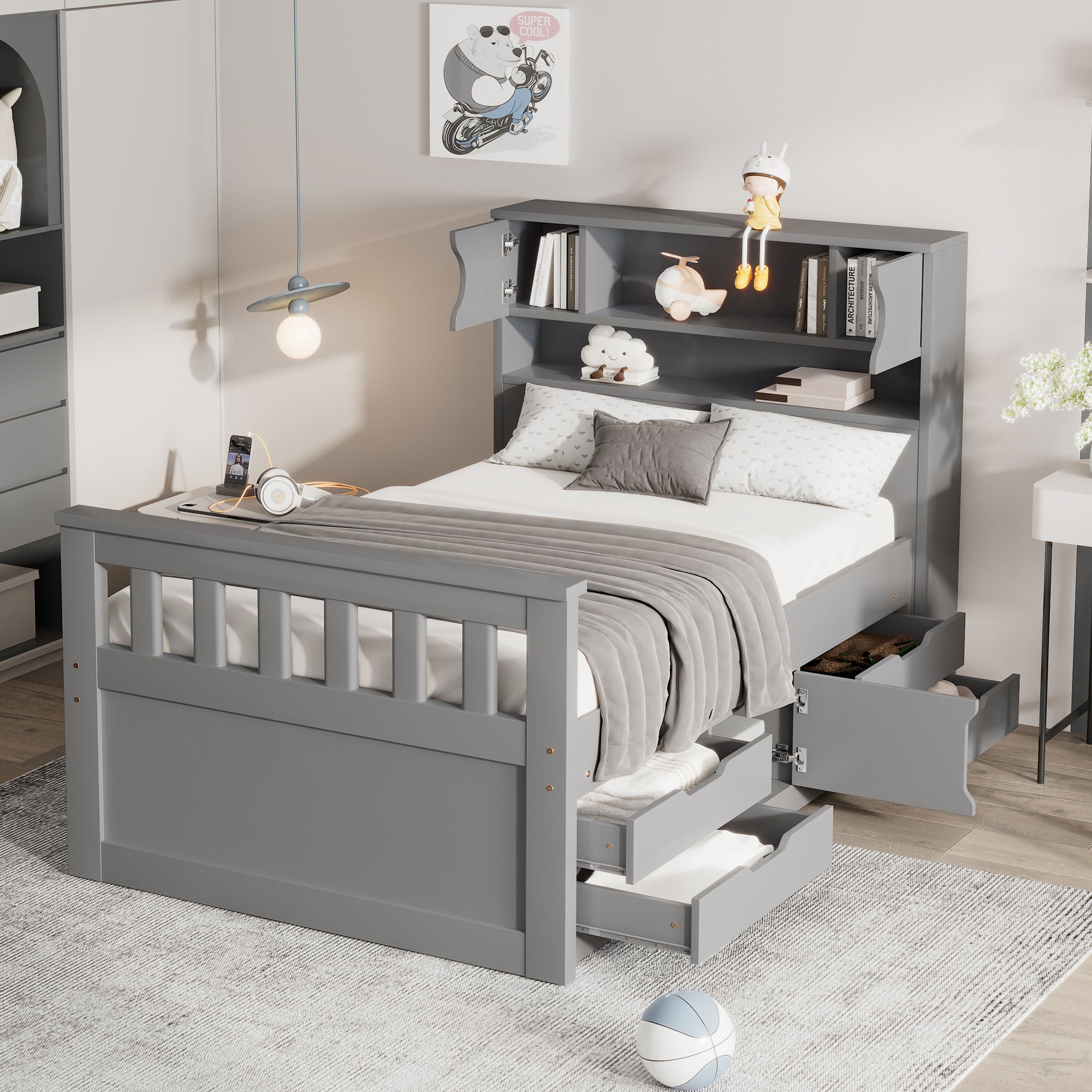 Captain Platform Bed Frame With Storage Bookcases, Shelves, And 4 Drawers